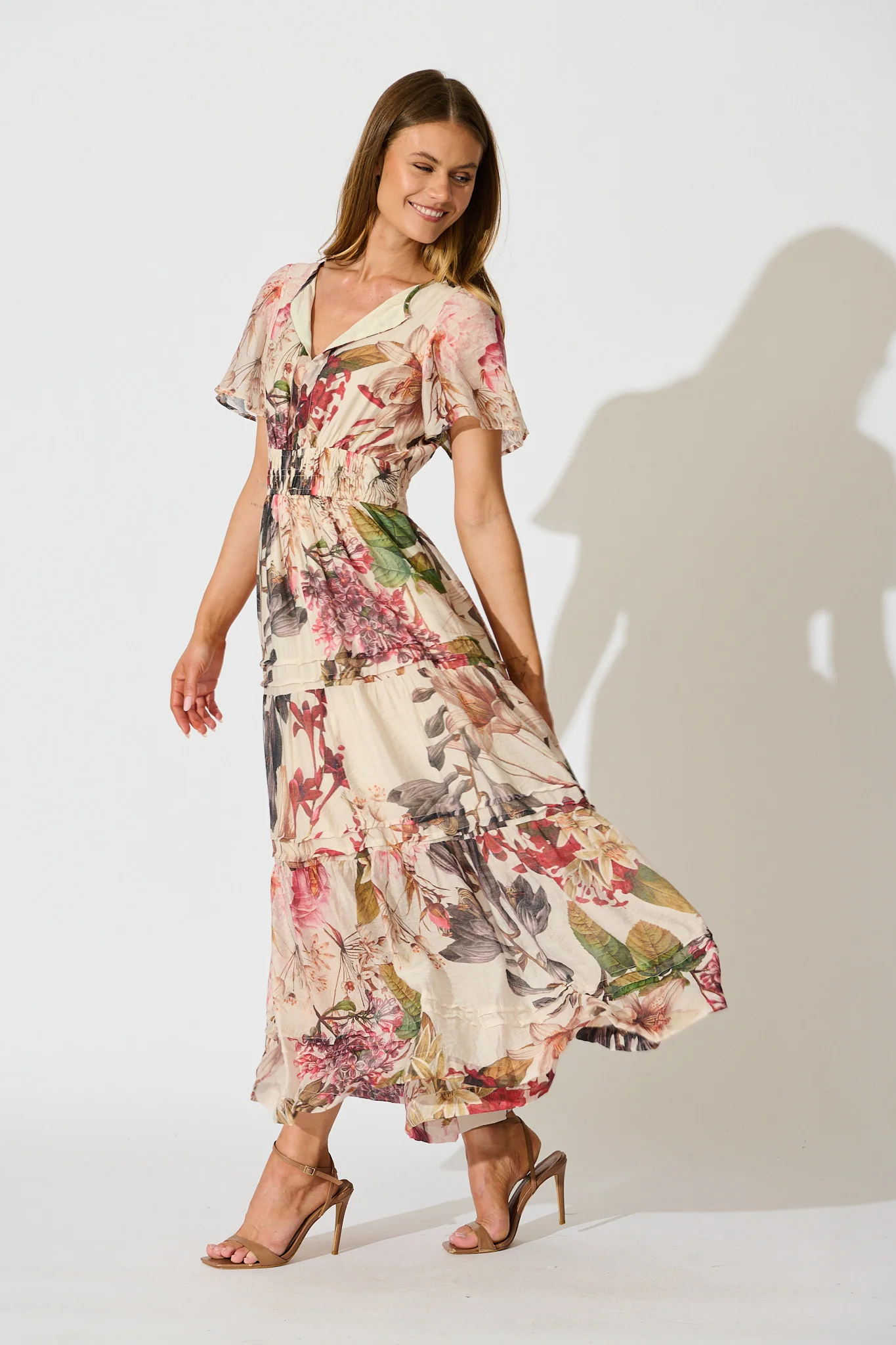 Catania Maxi Dress in Cream with Multi Floral - Image 3