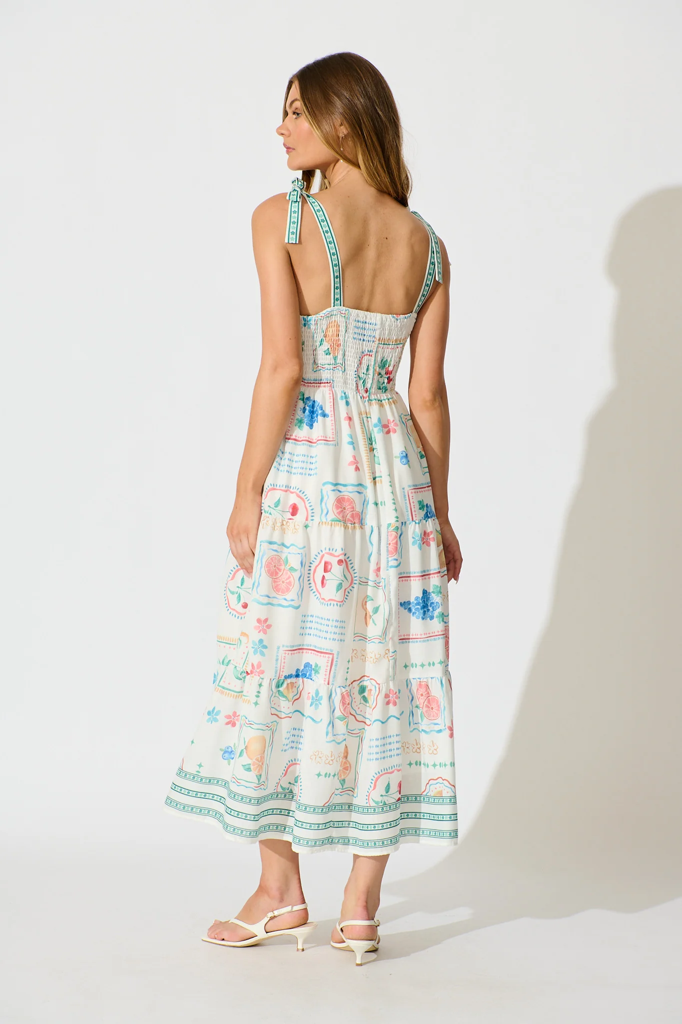 Catia Maxi Sundress in White with Green Multi Linen Blend - Image 4