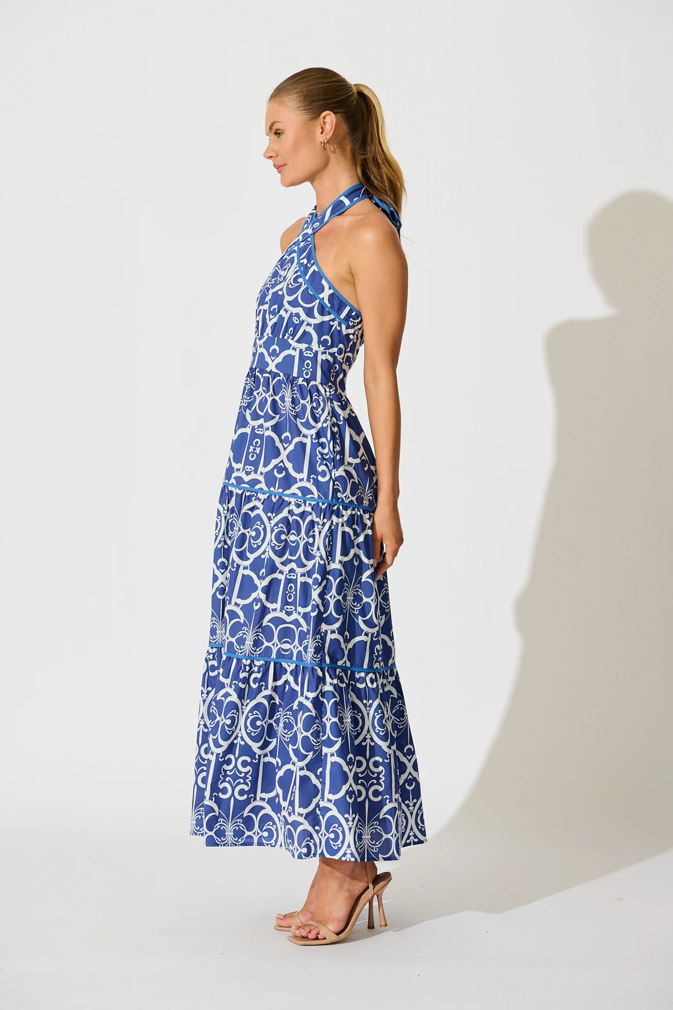 Celandine Halter Neck Maxi Dress in Blue with White Print Cotton - Image 3