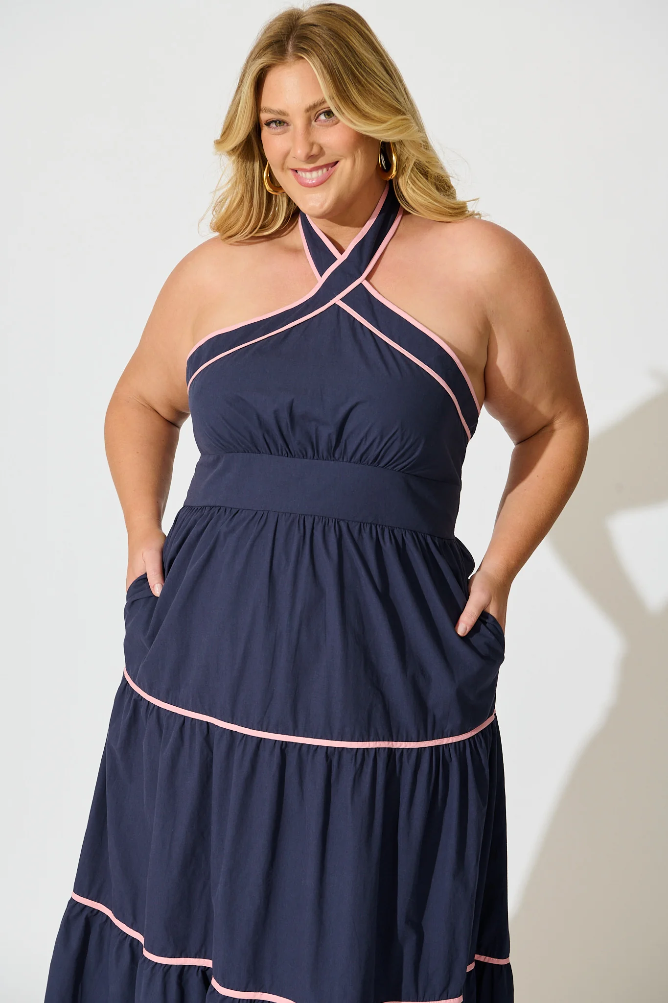 Celandine Halter Neck Maxi Dress in Navy Cotton - Image 6