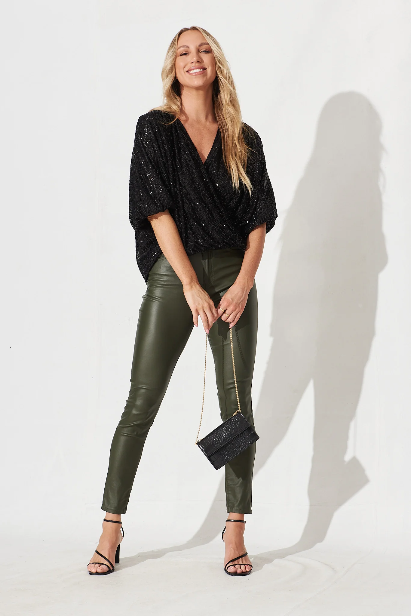 Celebration Sequin Mock Wrap Top In Black - Image 2