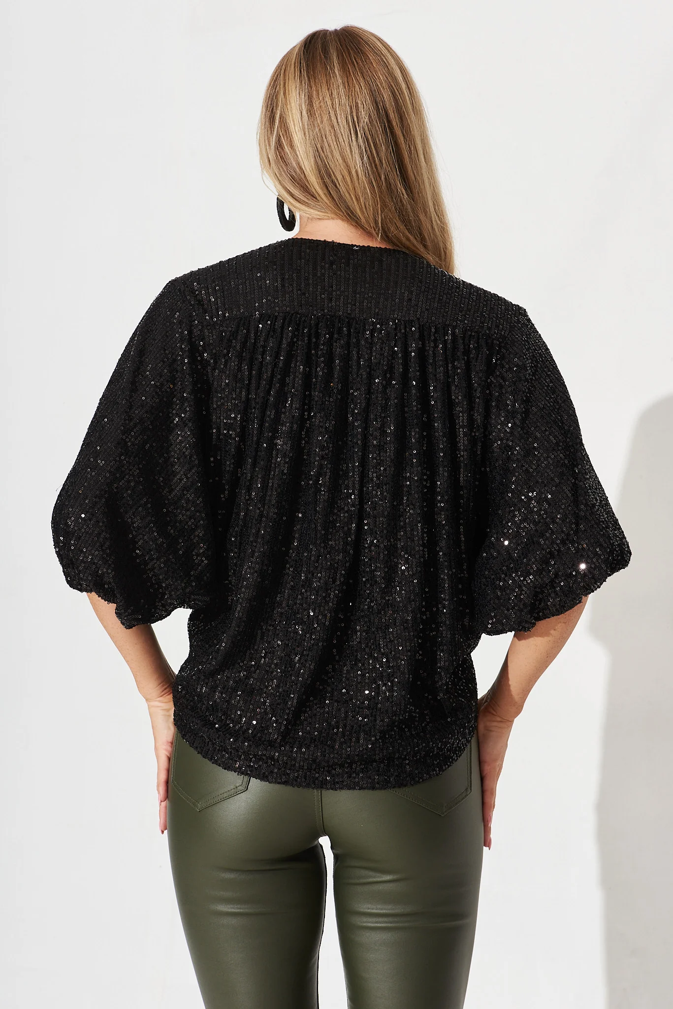 Celebration Sequin Mock Wrap Top In Black - Image 4