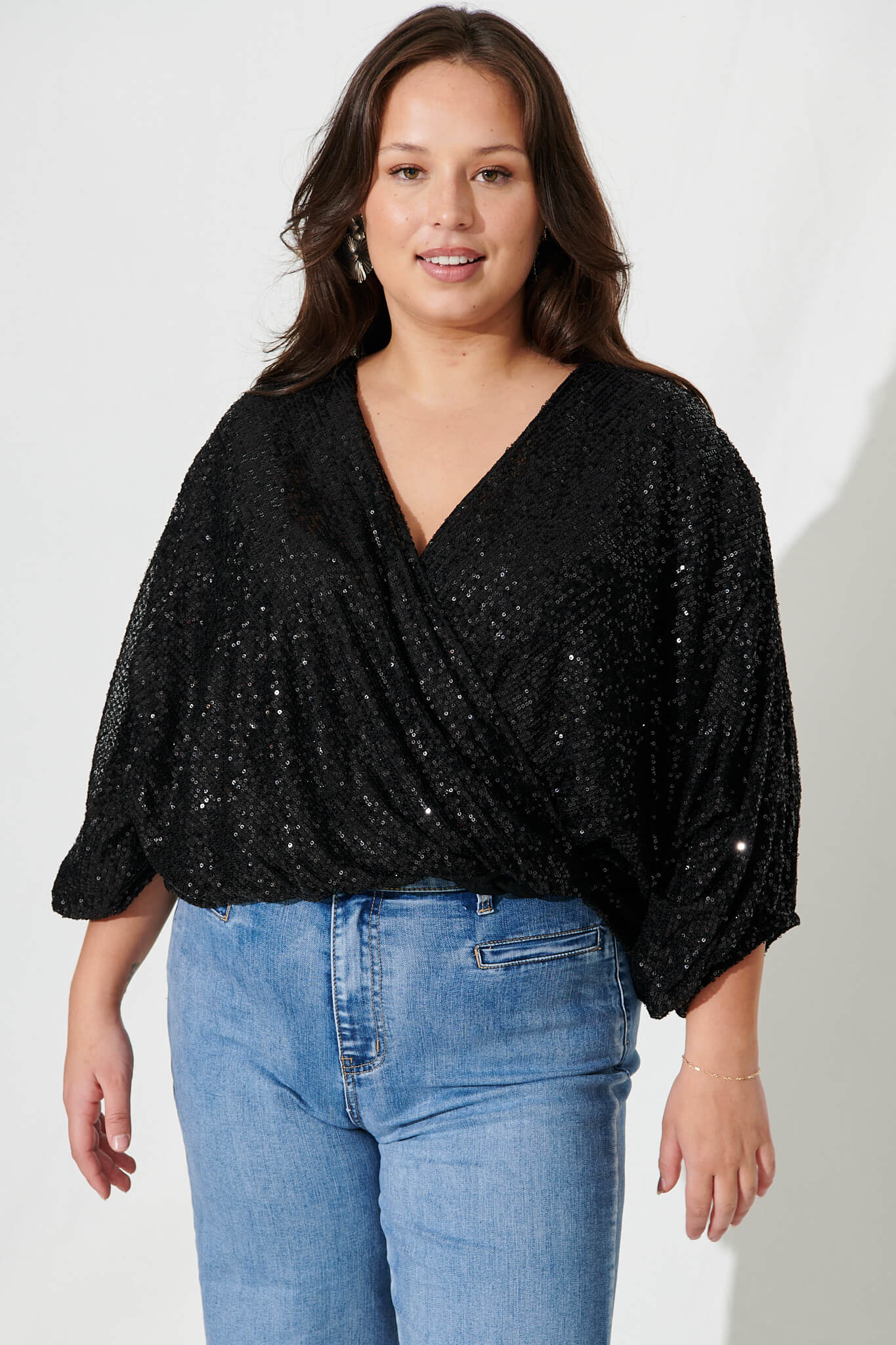 Celebration Sequin Mock Wrap Top In Black - Image 7