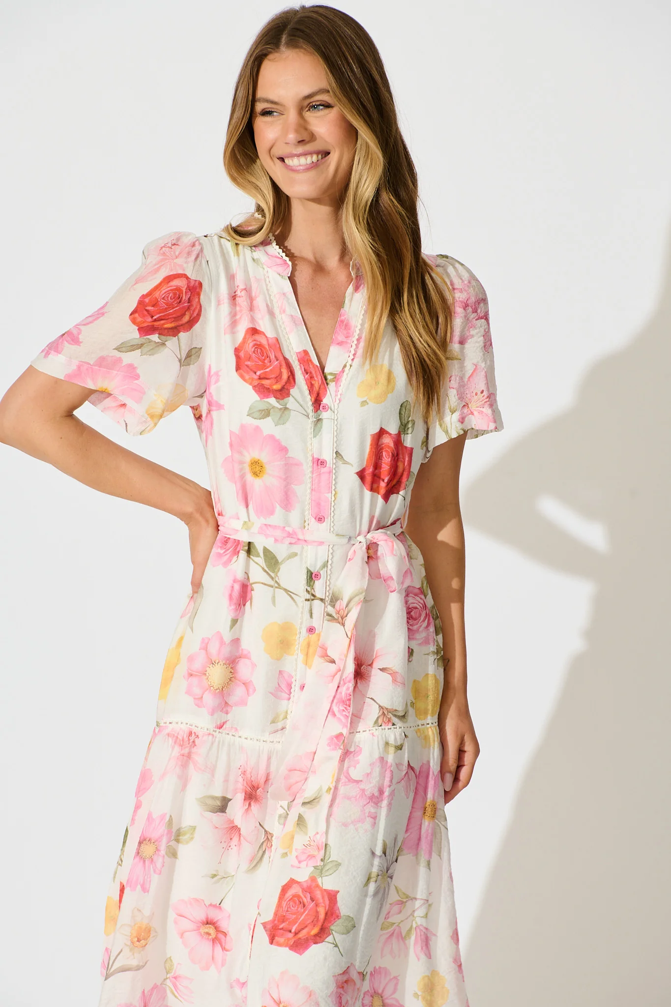 Celene Midi Dress in White with Blush Floral - Image 2