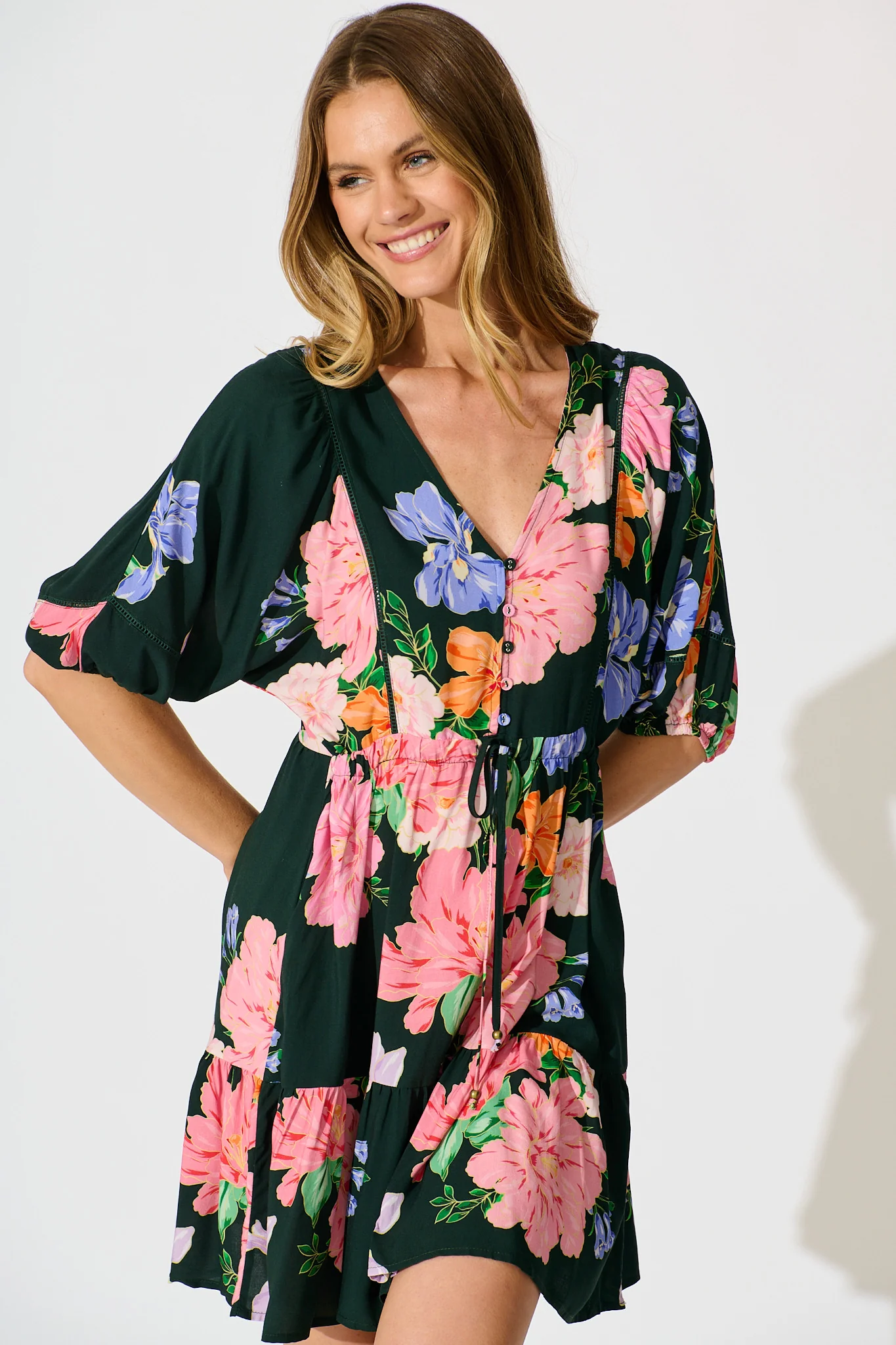 Celeste Petal Dress in Green with Multi Floral - Image 5