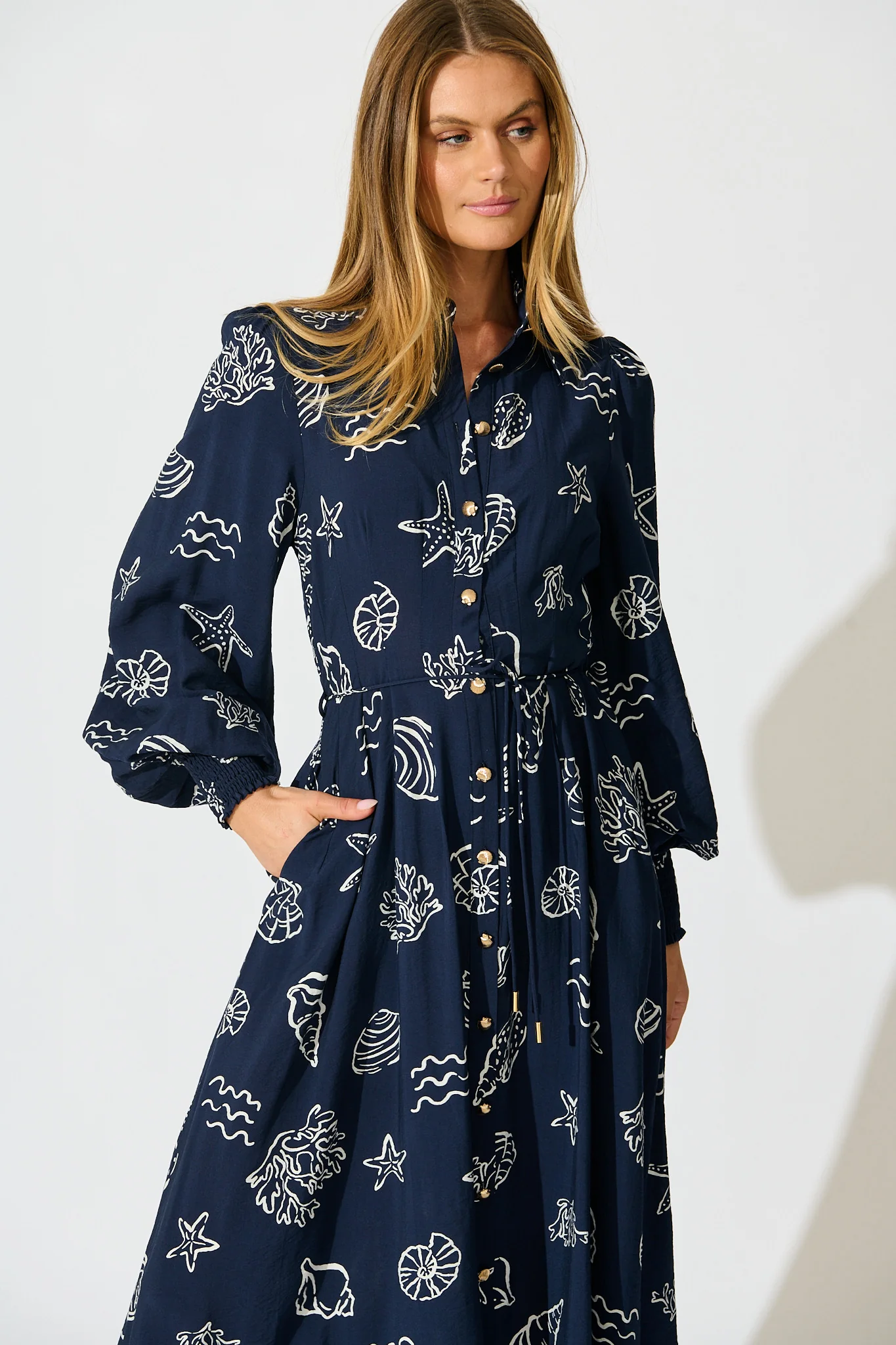 Celestial Reef Maxi Shirt Dress in Navy with White Shell Print - Image 2