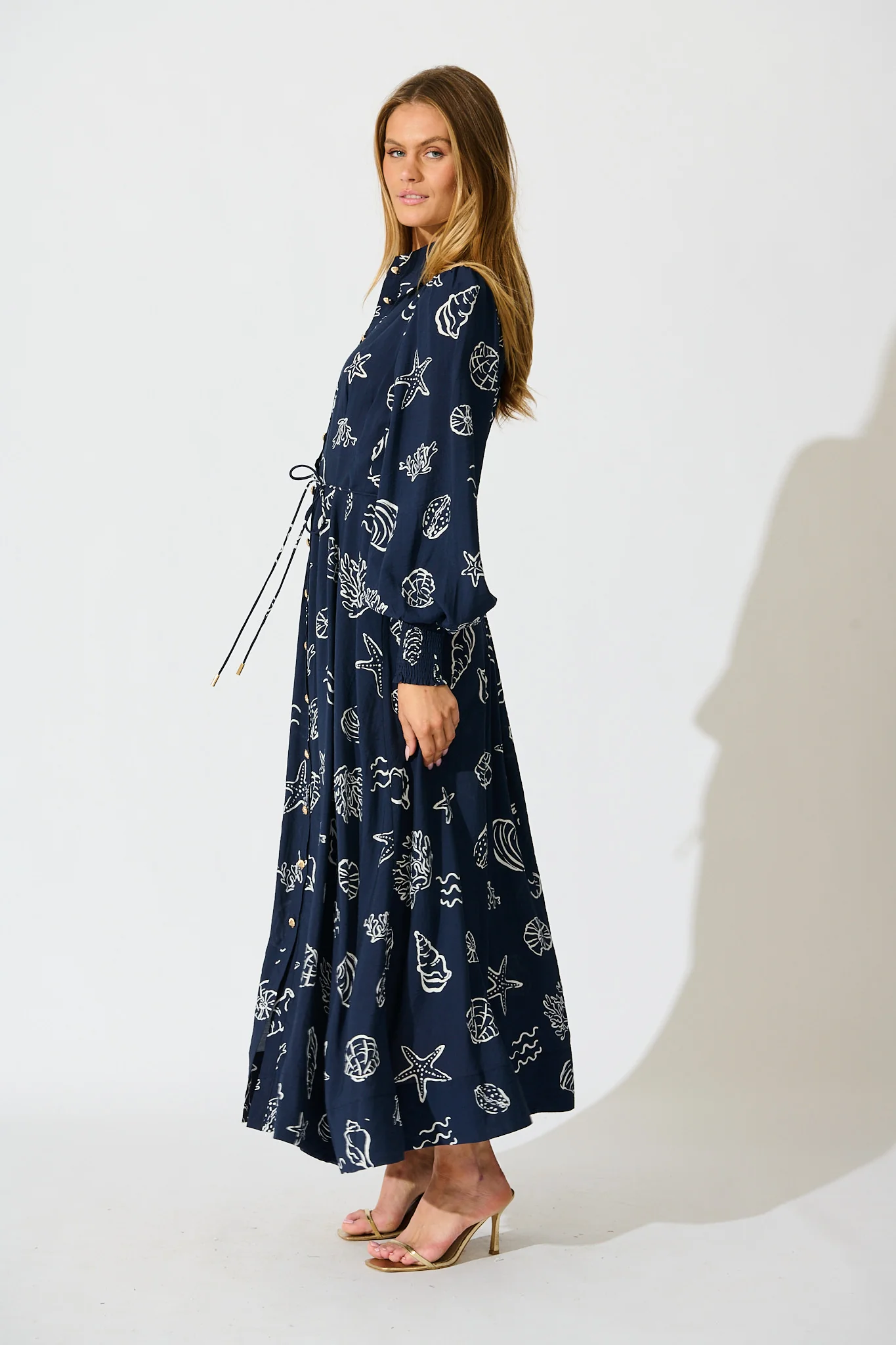 Celestial Reef Maxi Shirt Dress in Navy with White Shell Print - Image 3