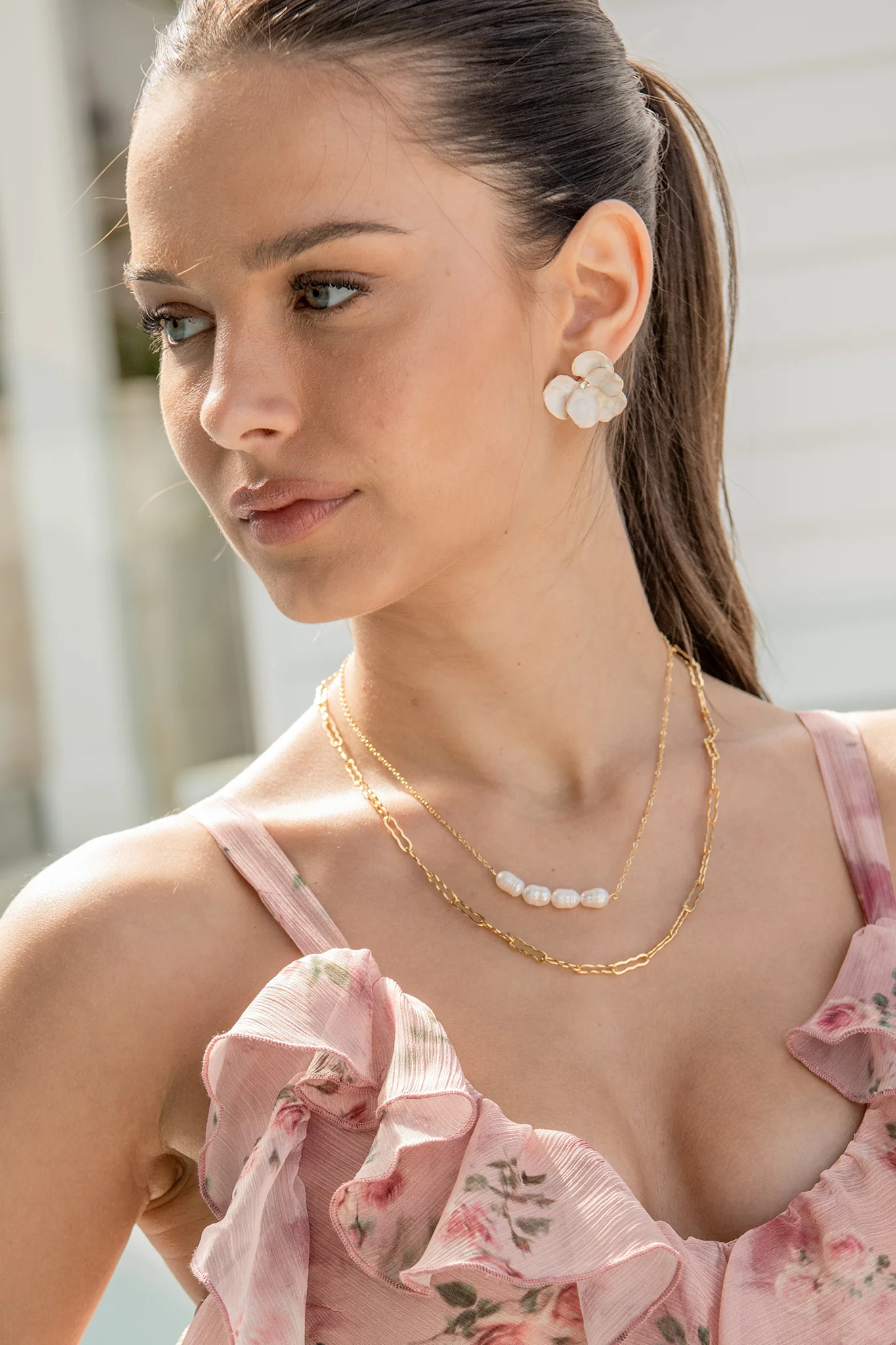 Celina Layered Necklace in Gold with Pearl - Image 2