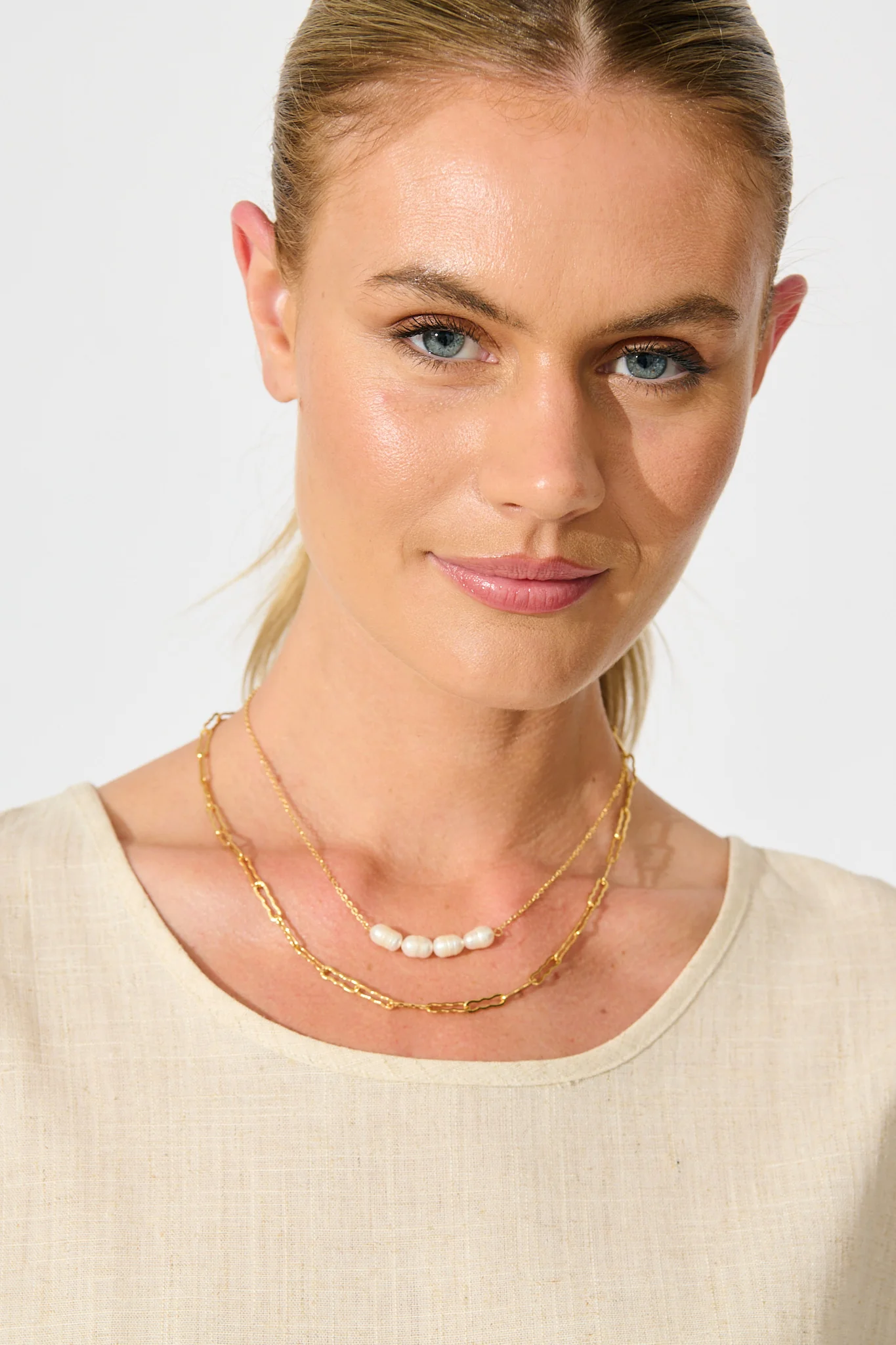 Celina Layered Necklace in Gold with Pearl - Image 4