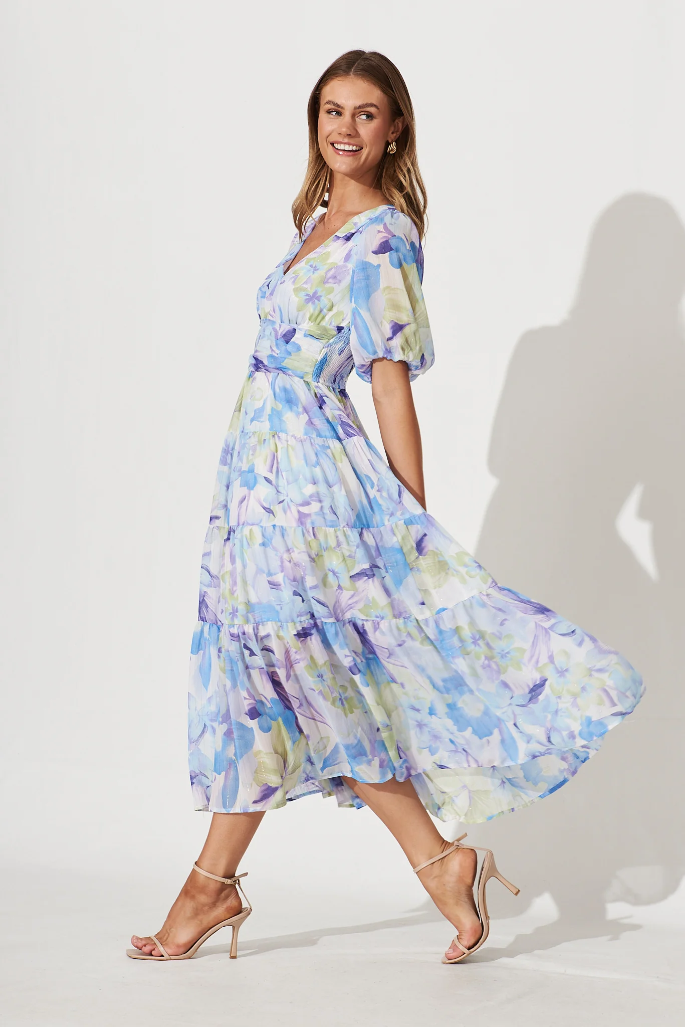 Celine Midi Dress In Blue With Green Watercolour Floral Print - Image 3