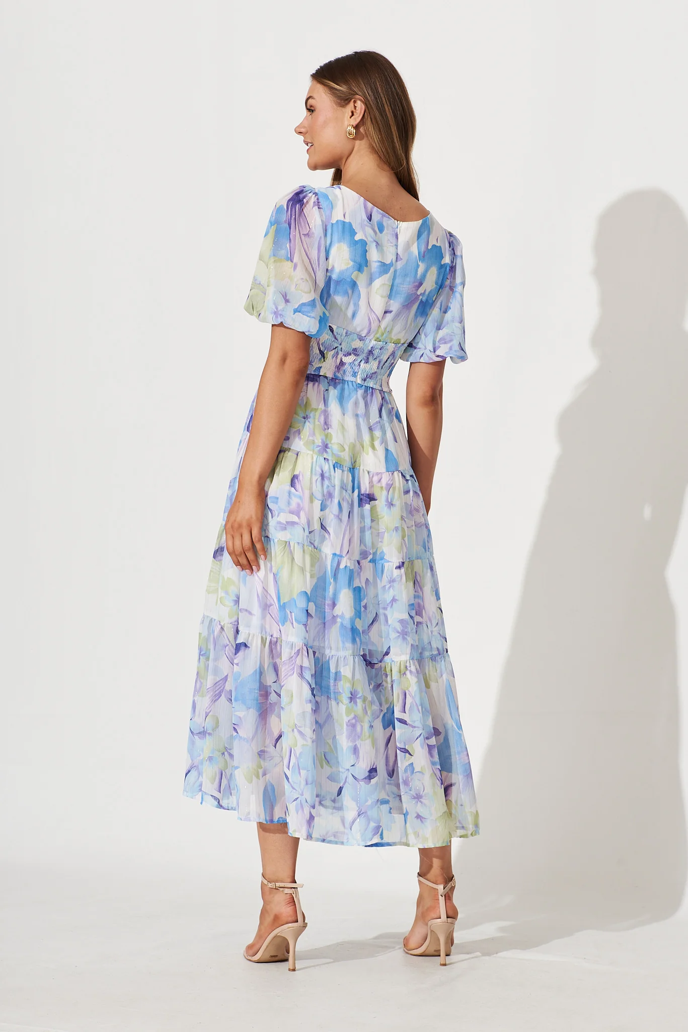 Celine Midi Dress In Blue With Green Watercolour Floral Print - Image 4