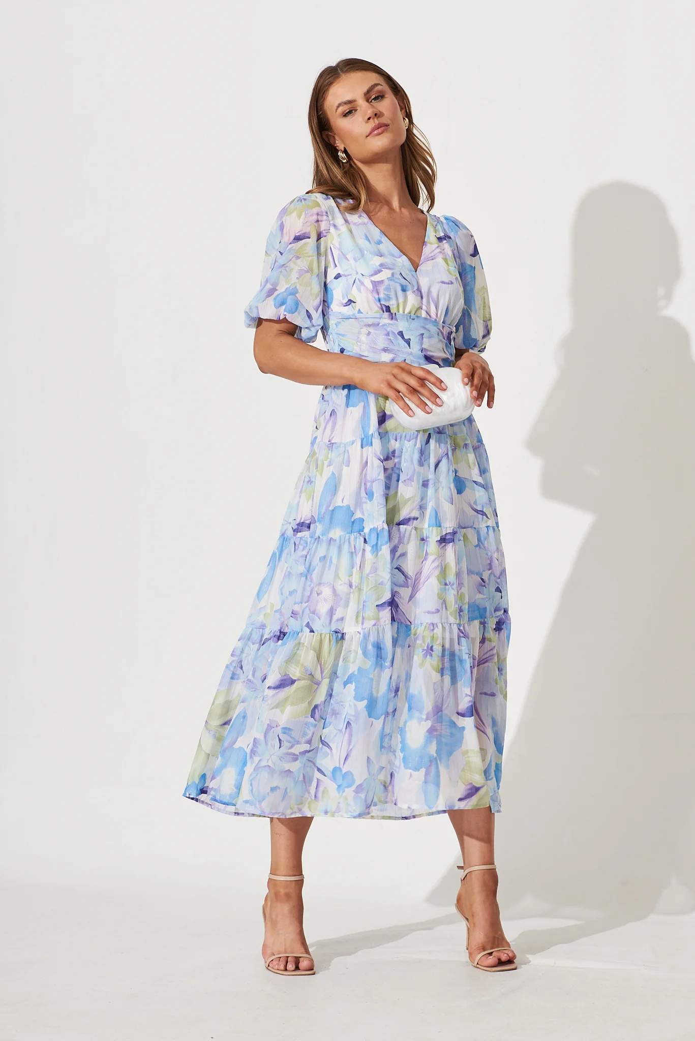 Celine Midi Dress In Blue With Green Watercolour Floral Print - Image 5