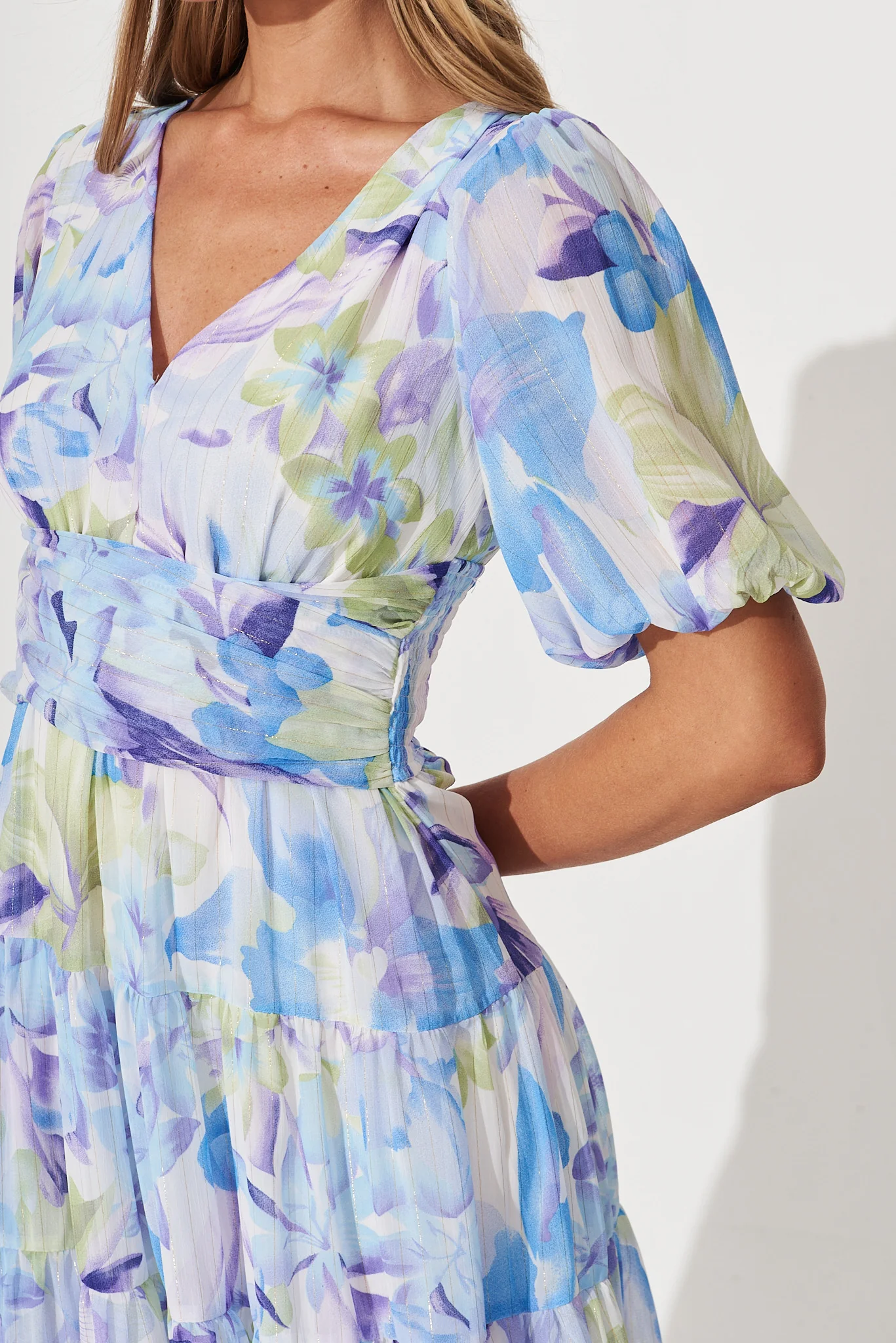 Celine Midi Dress In Blue With Green Watercolour Floral Print - Image 6