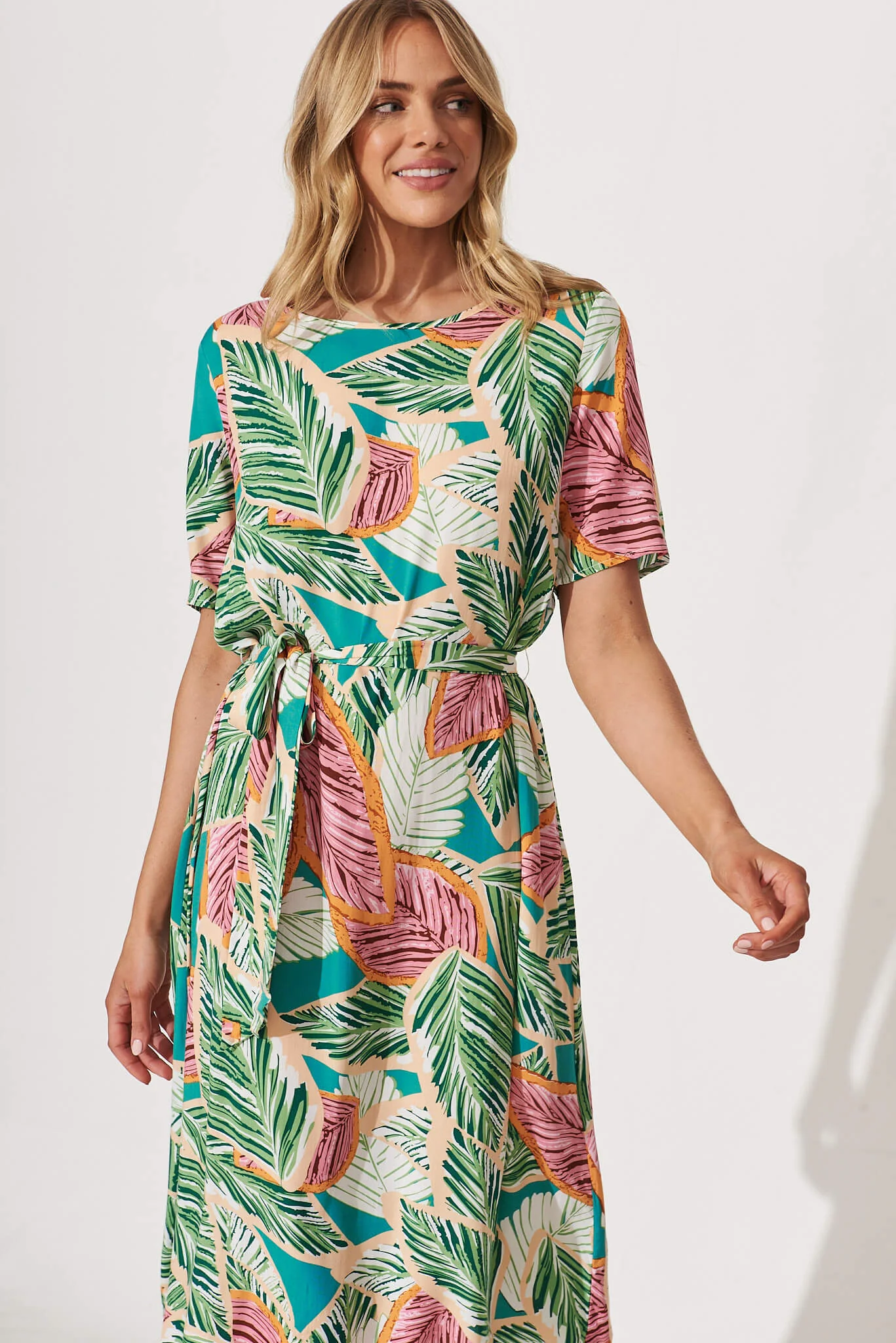 Chambery Midi Dress In Green Multi Leaf Print - Image 4