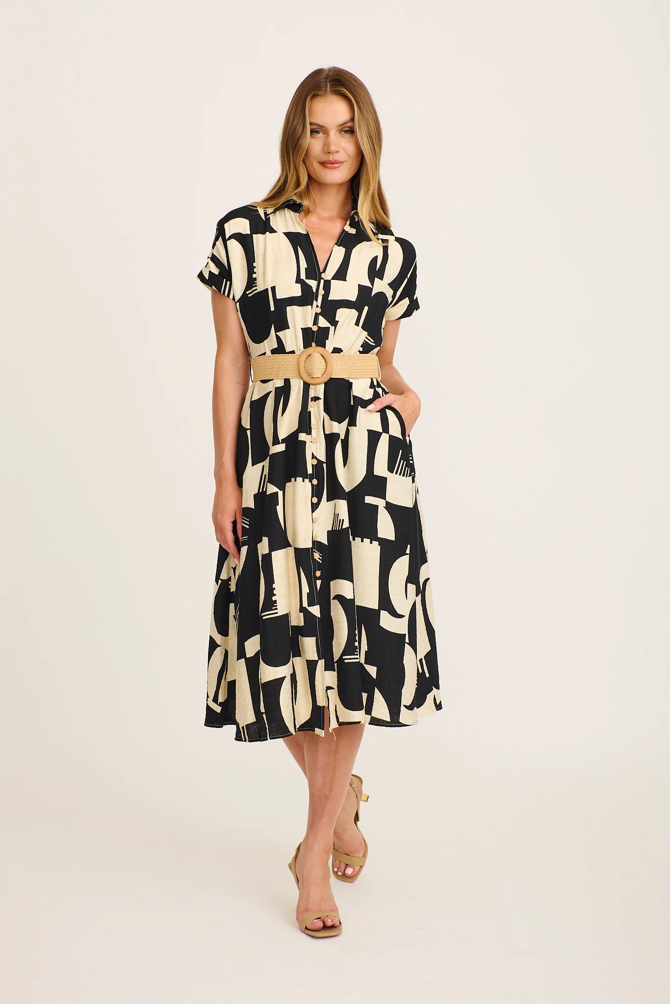 Charli Midi Shirt Dress in Black Geometric Print with Belt