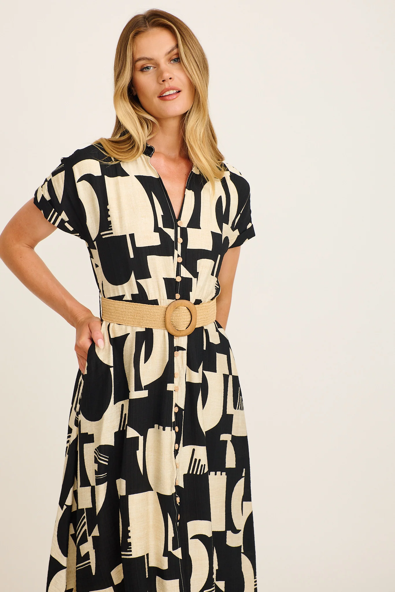 Charli Midi Shirt Dress in Black Geometric Print with Belt - Image 2