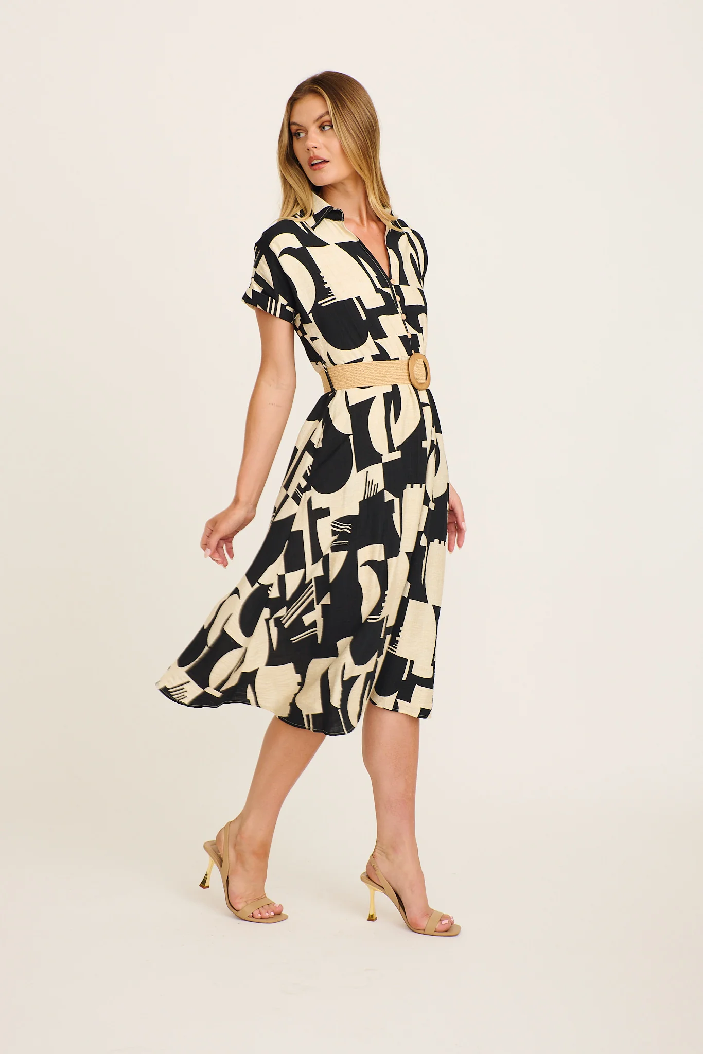 Charli Midi Shirt Dress in Black Geometric Print with Belt - Image 3