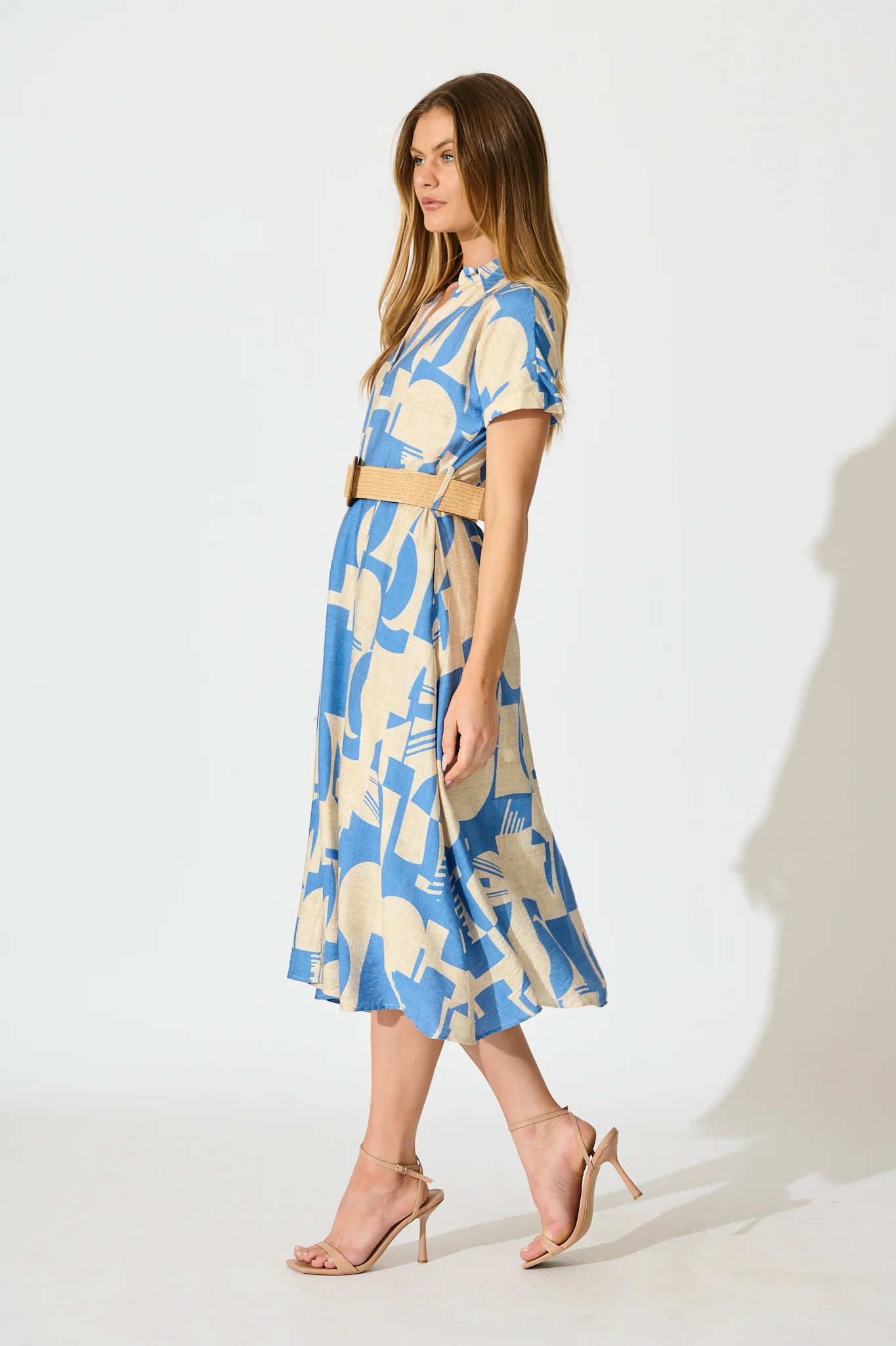 Charli Midi Shirt Dress in Blue Geometric Print with Belt - Image 3