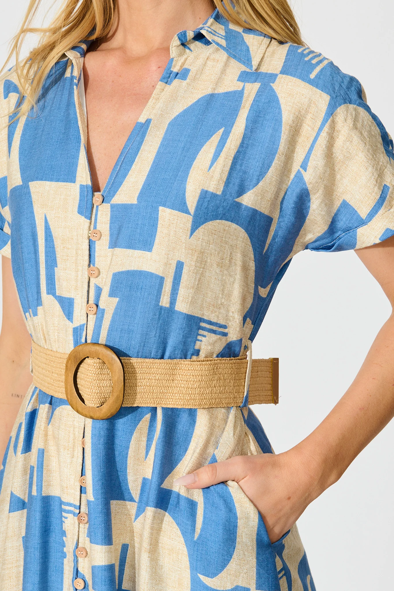 Charli Midi Shirt Dress in Blue Geometric Print with Belt - Image 5