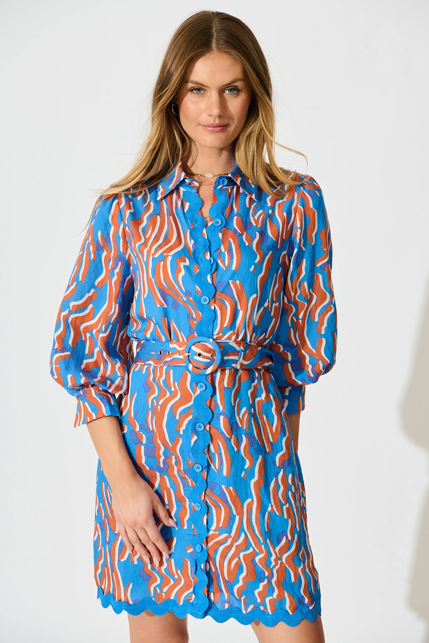 Charmain Dress in Blue with Orange Print - Image 2