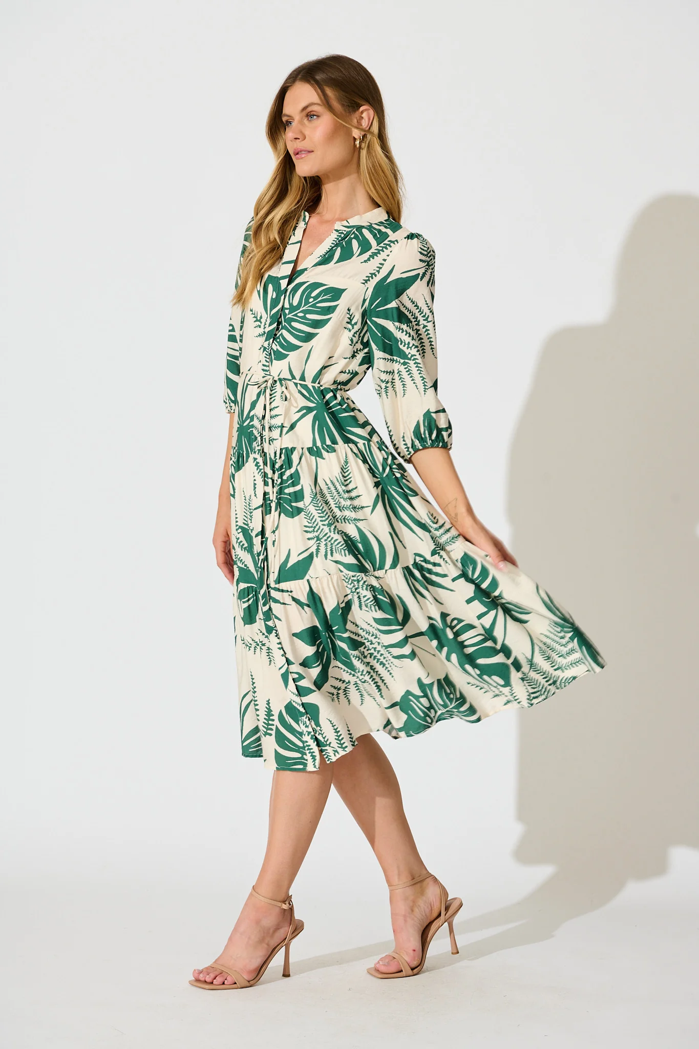 Charmaine Midi Dress in Cream with Green Print - Image 3