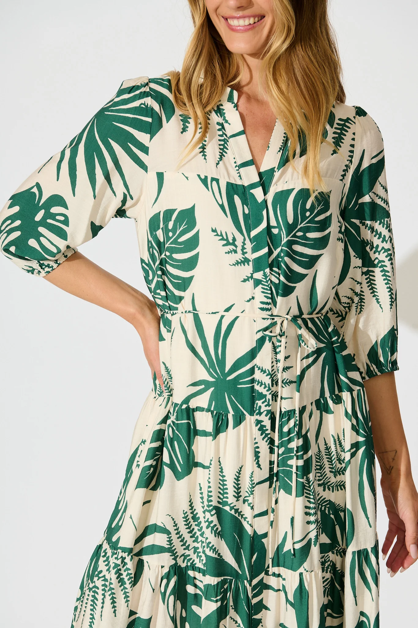 Charmaine Midi Dress in Cream with Green Print - Image 5