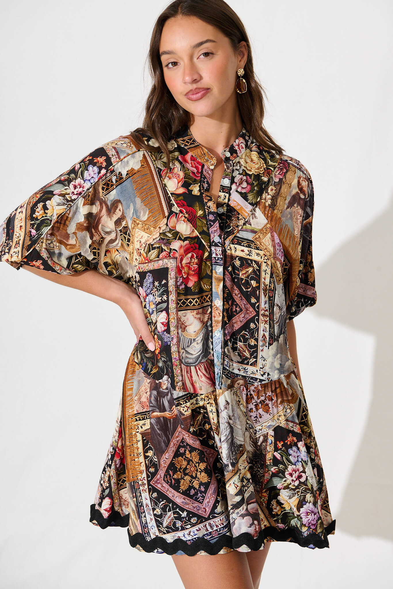 Chase Smock Dress In Black Multi Patchwork With Ric Rac Trim - Image 2
