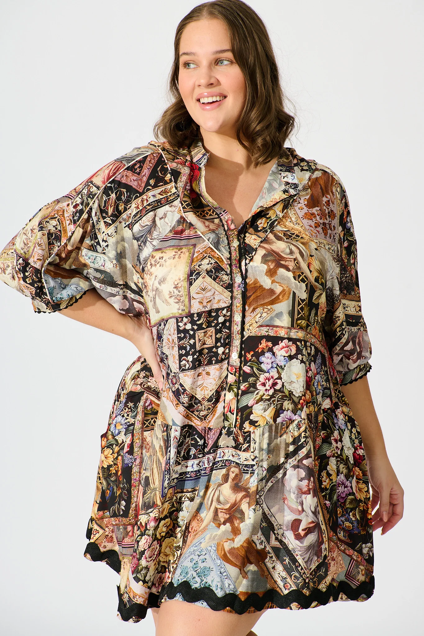 Chase Smock Dress In Black Multi Patchwork With Ric Rac Trim - Image 8