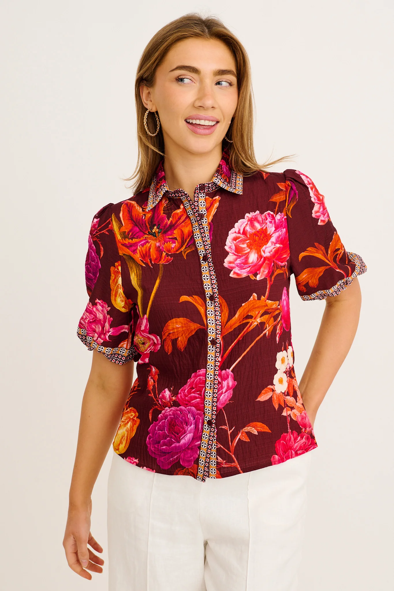 Cheering Top in Wine Multi Floral Print Linen Blend