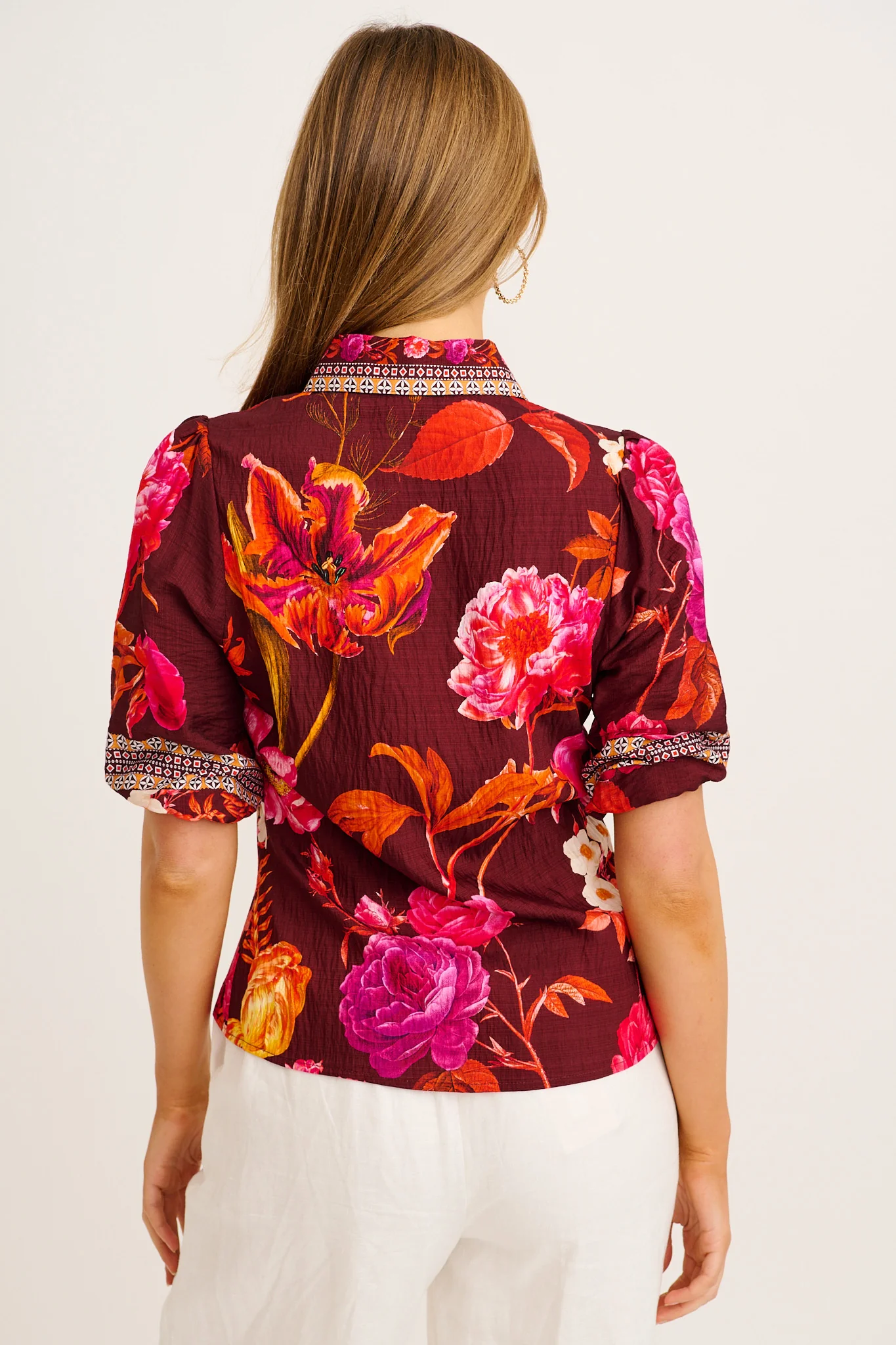 Cheering Top in Wine Multi Floral Print Linen Blend - Image 3