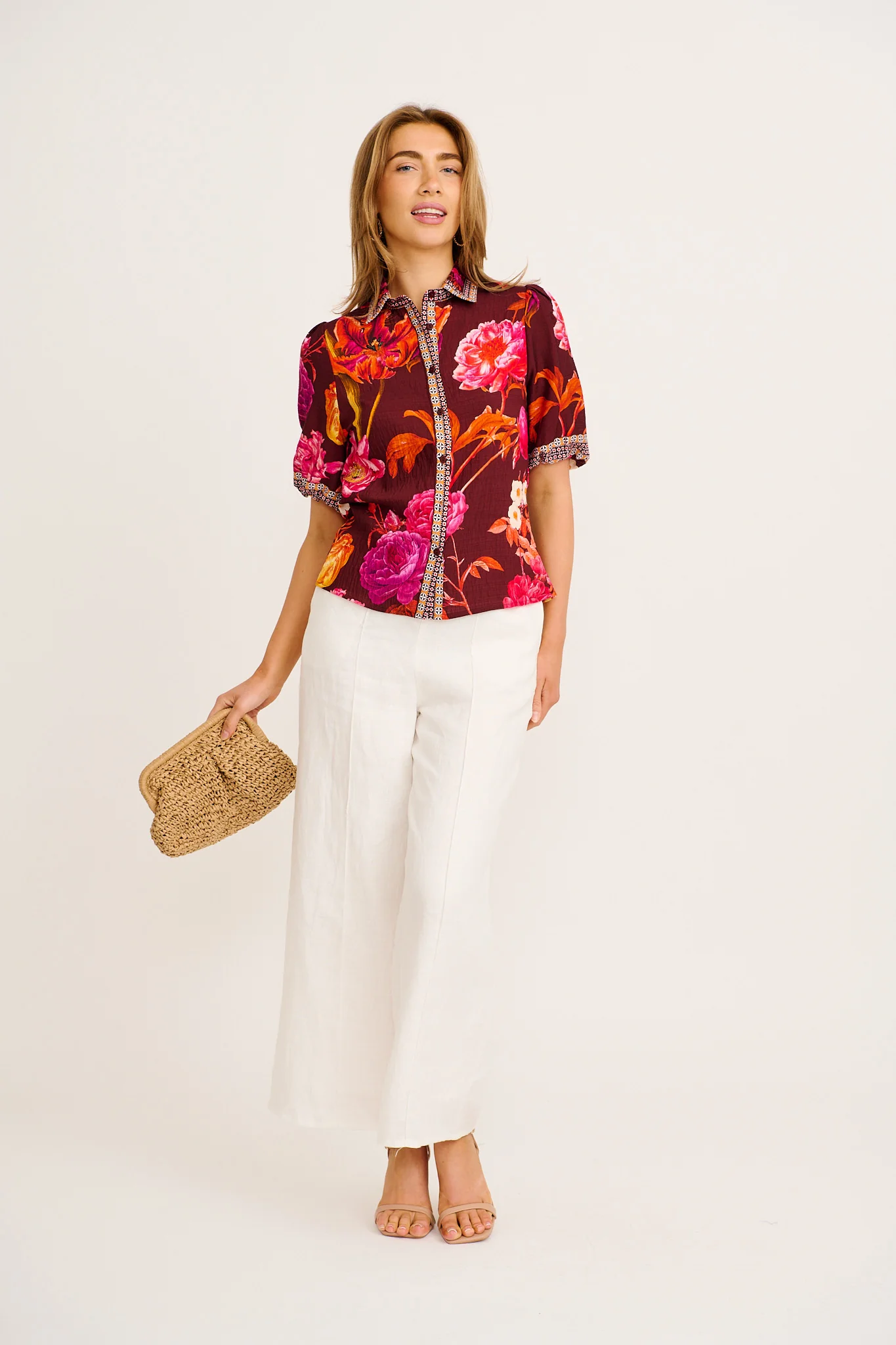 Cheering Top in Wine Multi Floral Print Linen Blend - Image 4