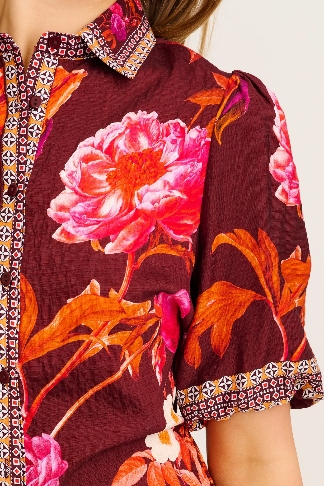 Cheering Top in Wine Multi Floral Print Linen Blend - Image 5