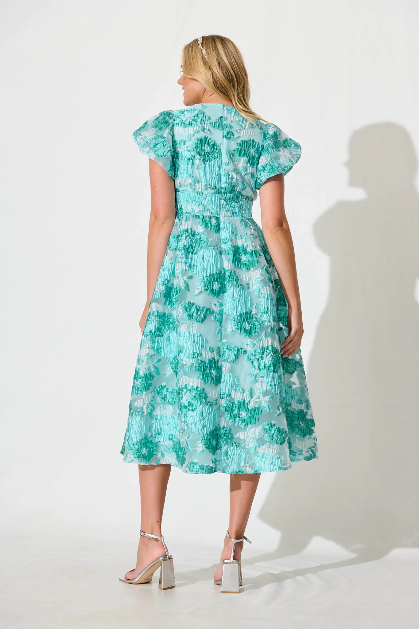 Cherish Midi Dress in Aqua Floral Organza Jacquard - Image 4