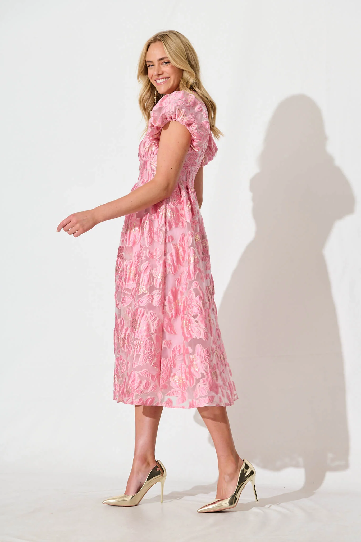 Cherish Midi Dress in Pink Floral Organza Jacquard - Image 3