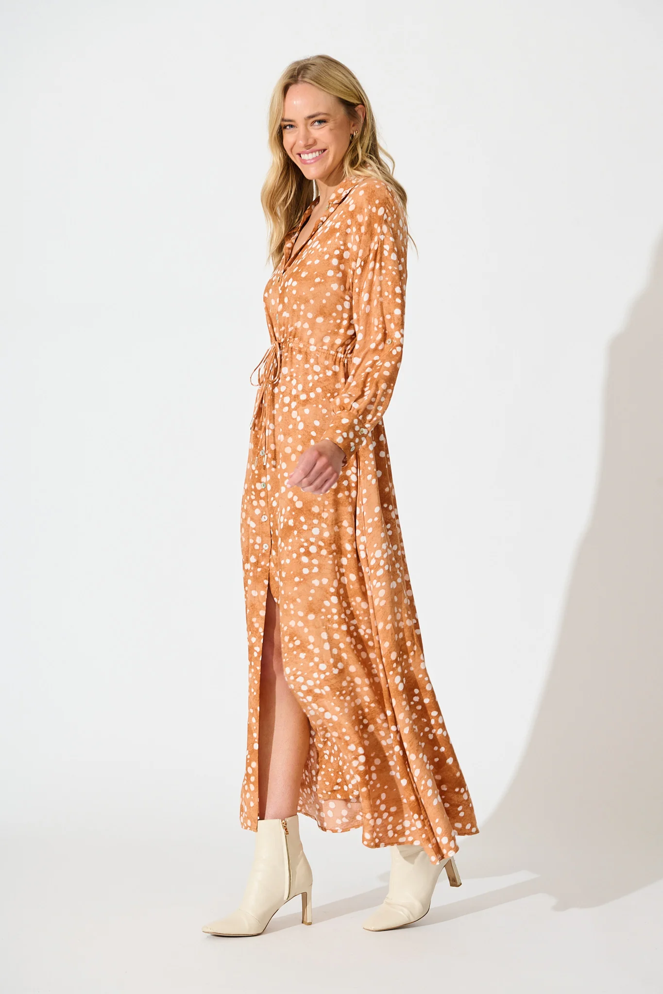 Chrishelle Maxi Shirt Dress in Tan with Cream Spot - Image 2