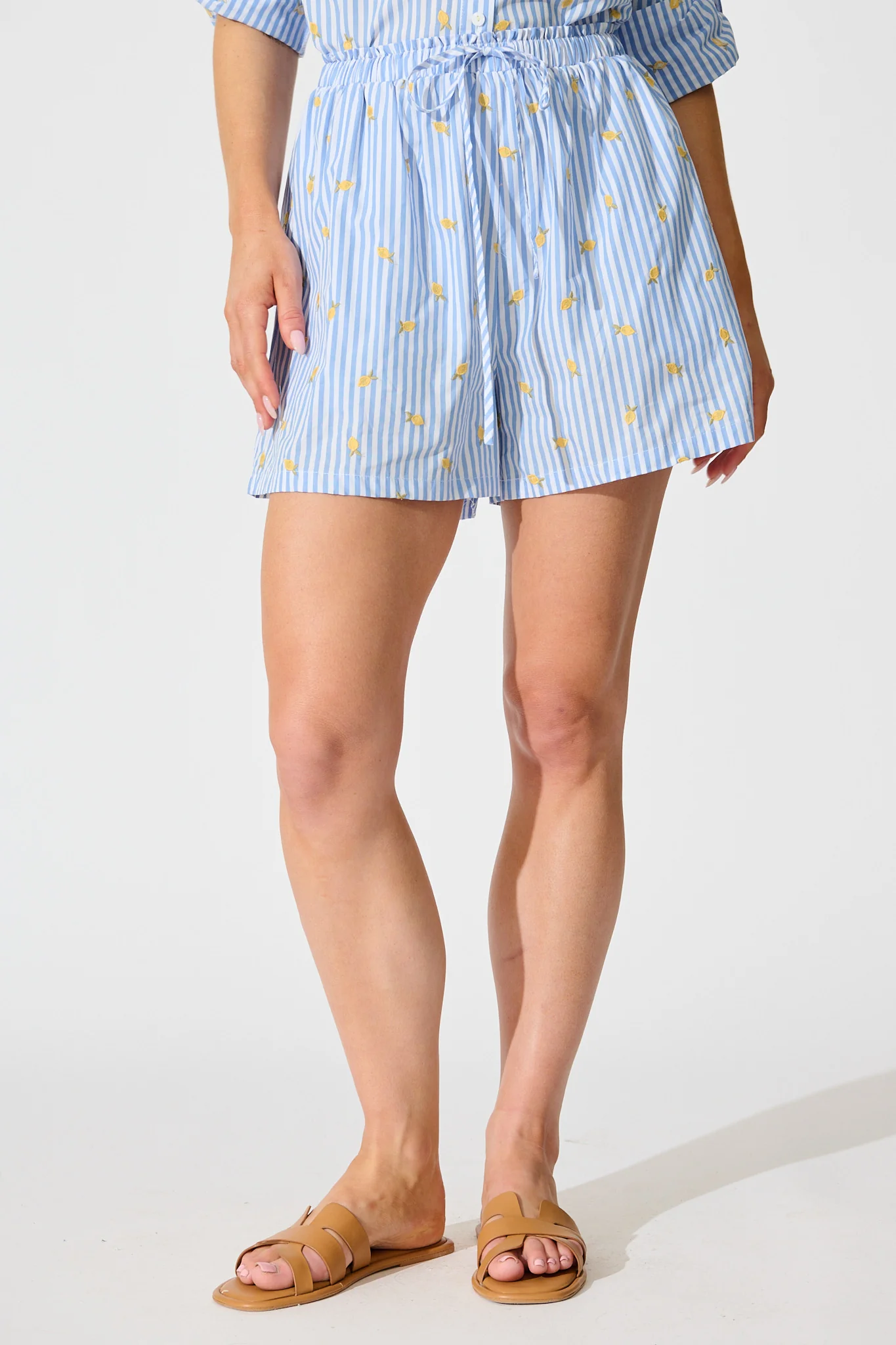 Citrus Soliel Short in Blue Stripe with Lemon Embroidery