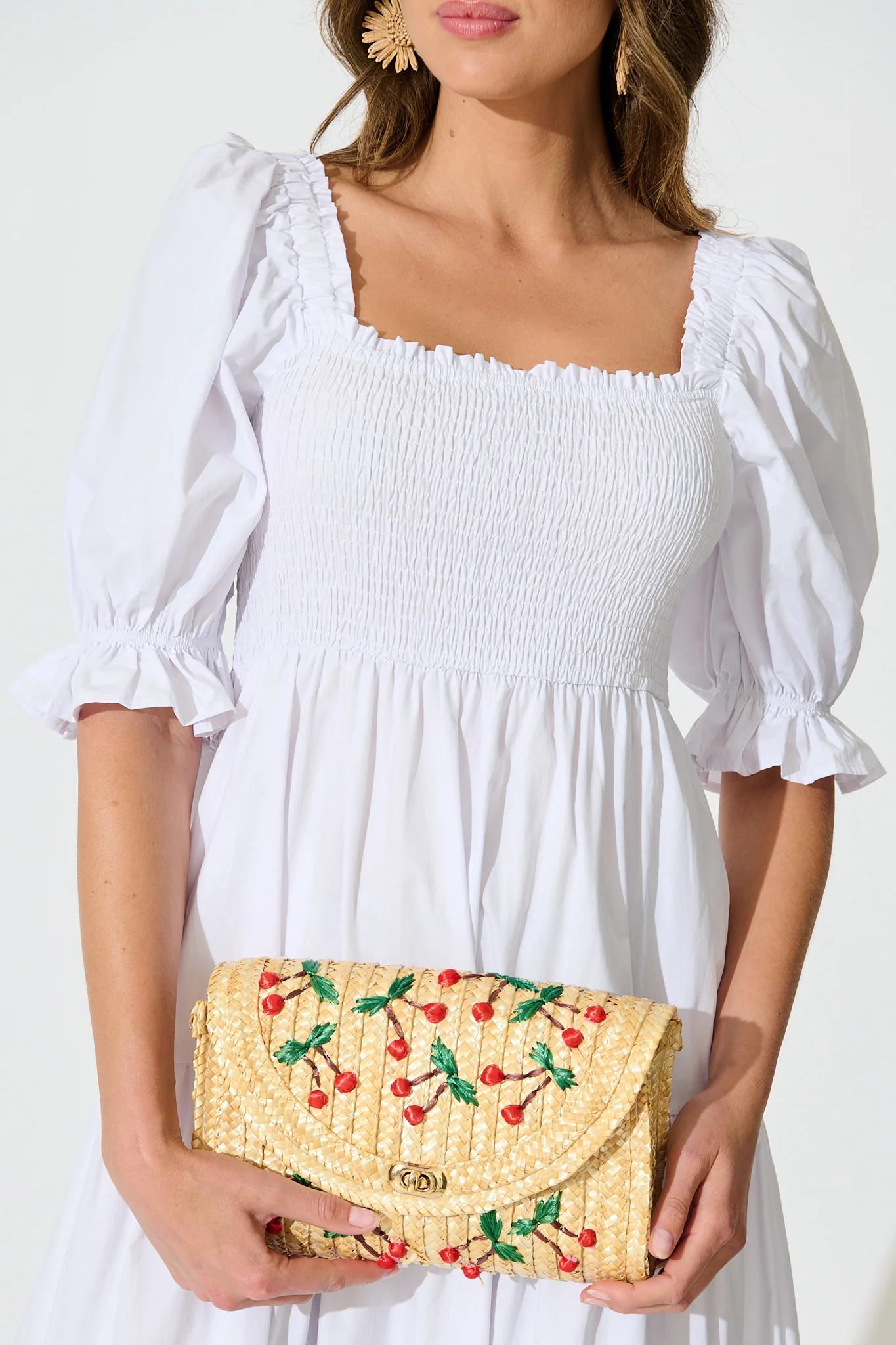 Clara Cherry Embroidered Straw Crossbody Bag in Natural - Image 4