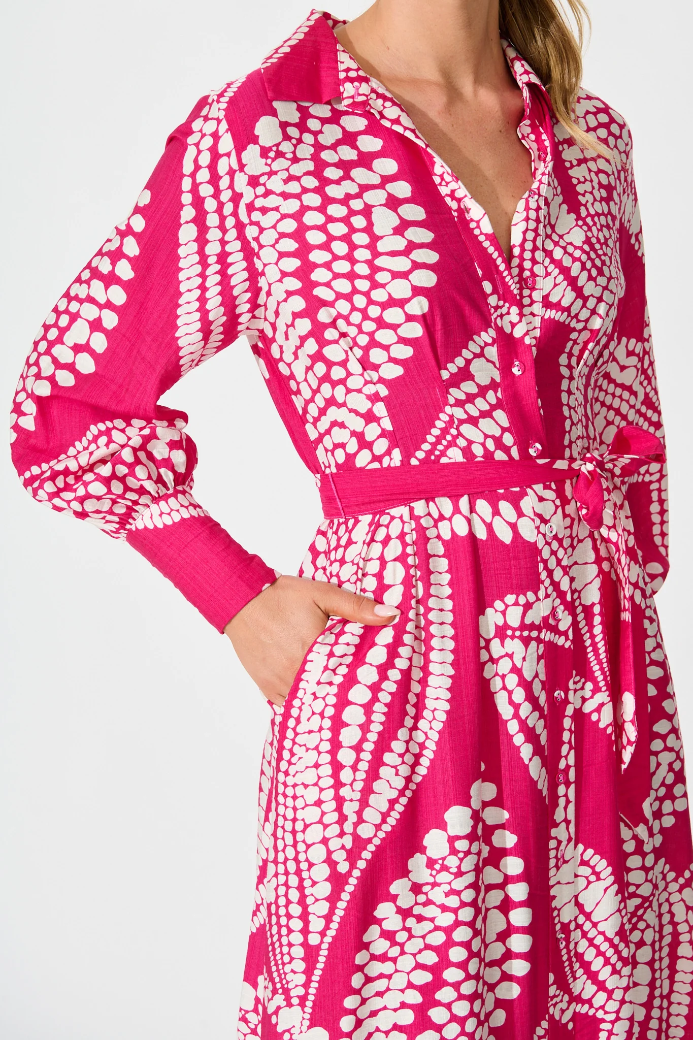 Clara Maxi Shirt Dress in Magenta with White Print - Image 5
