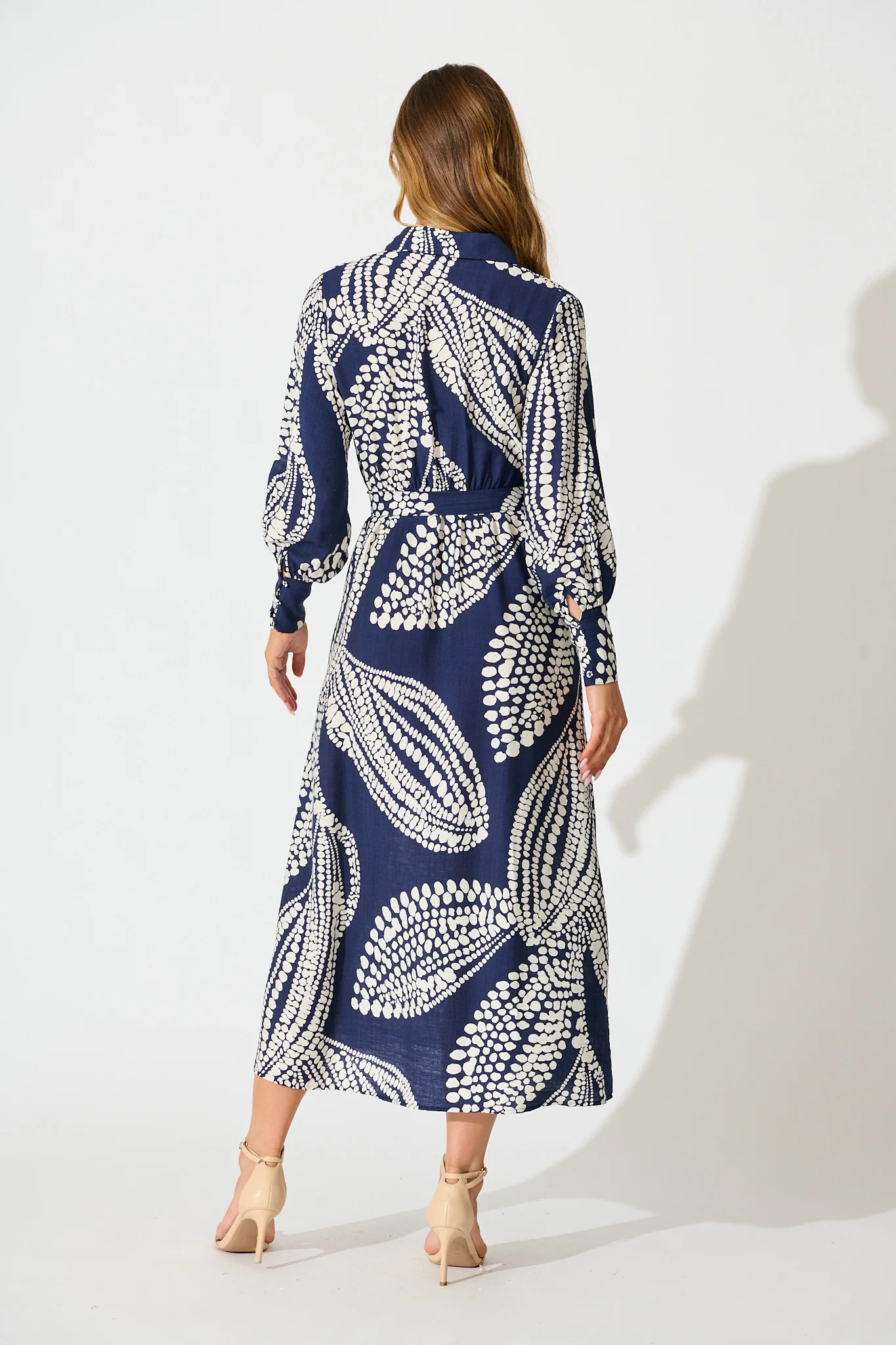 Clara Maxi Shirt Dress in Navy with White Print - Image 4