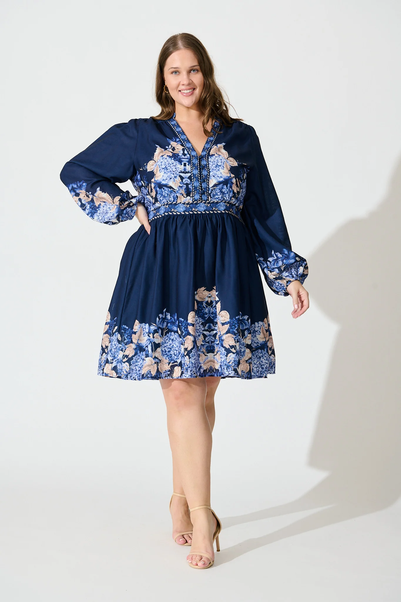 Clarion Dress in Navy Border Floral Linen Blend - Image 7