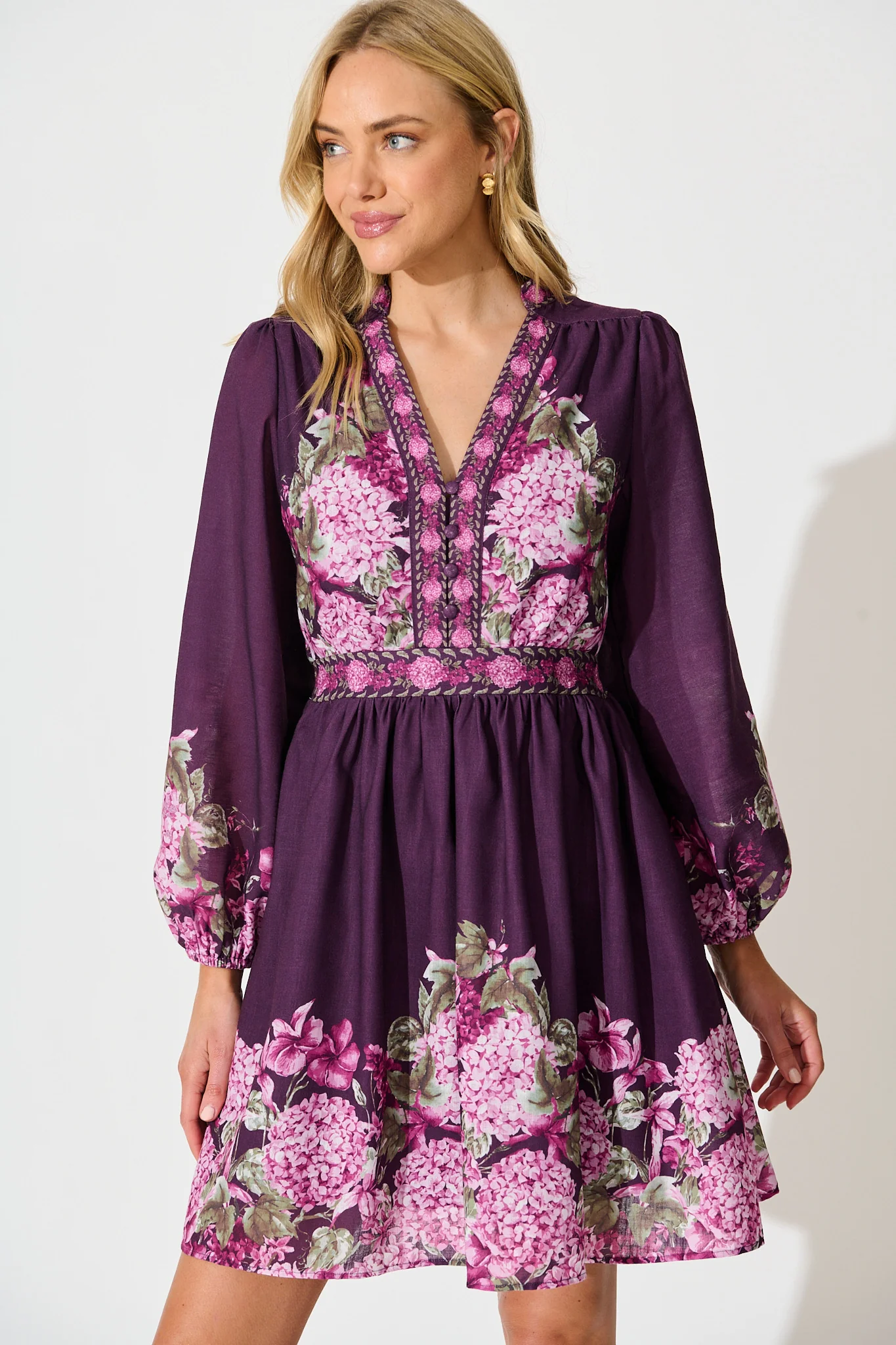 Clarion Dress in Plum Border Floral Linen Blend - Image 2