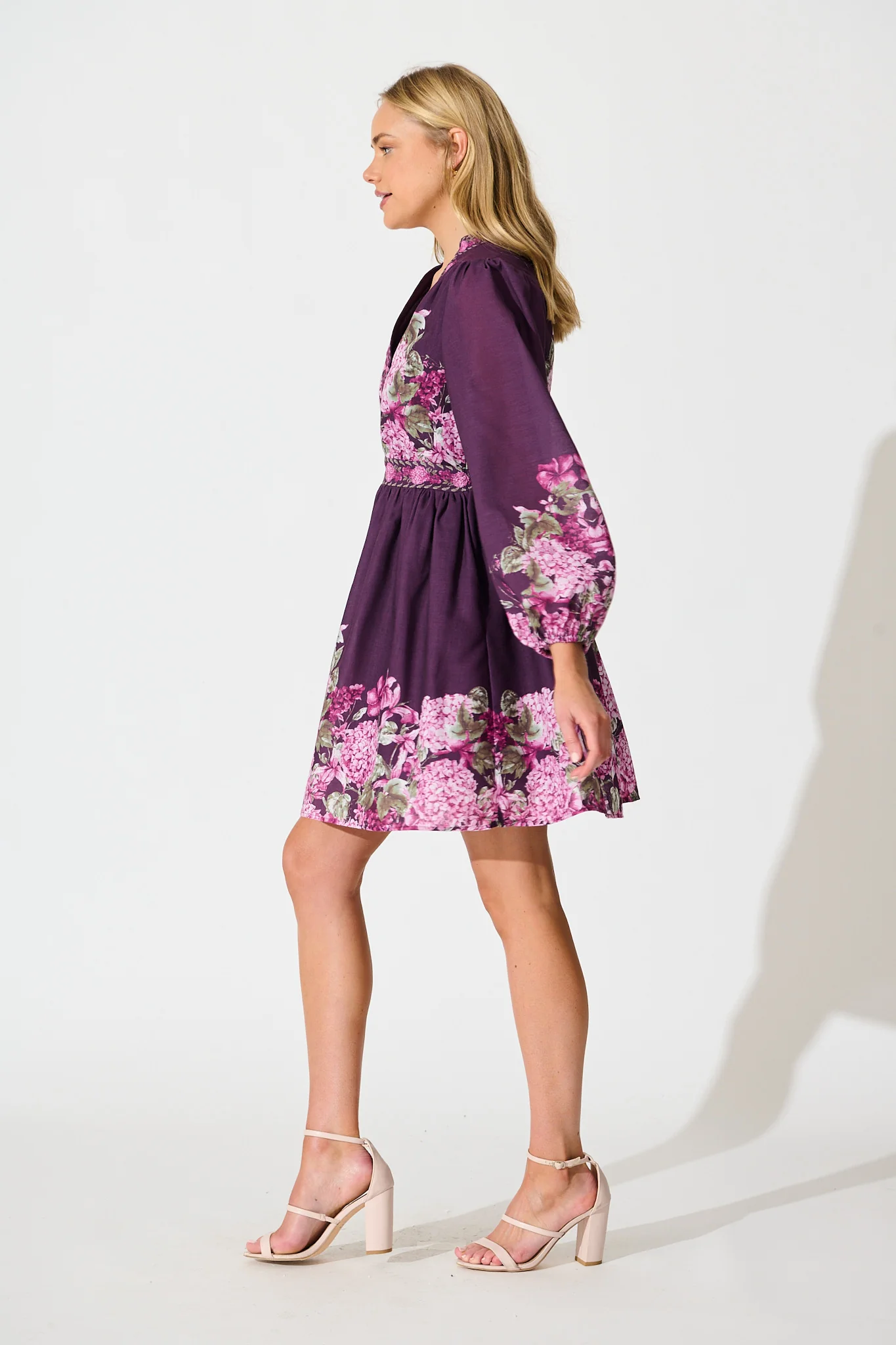 Clarion Dress in Plum Border Floral Linen Blend - Image 3