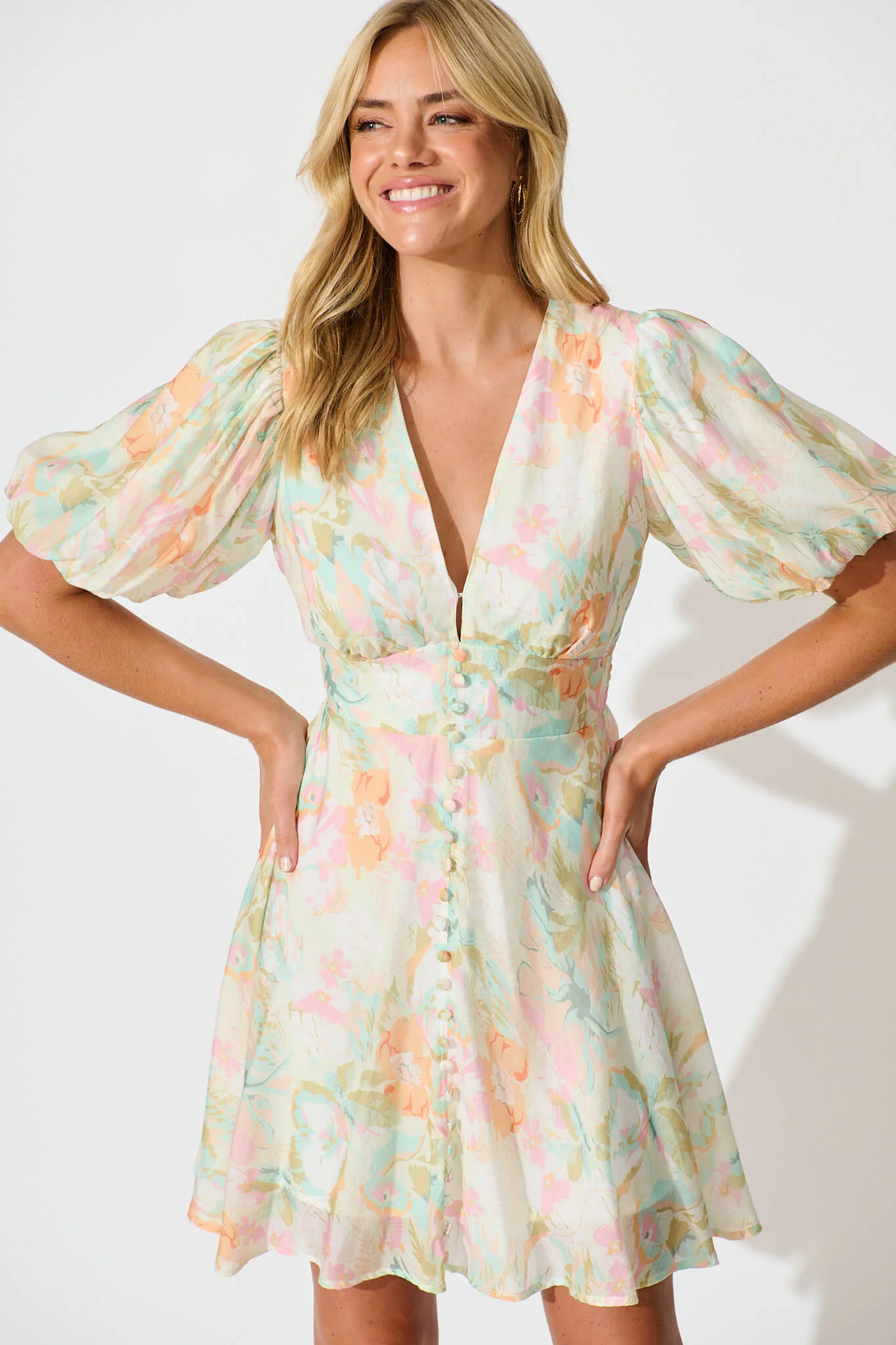 Clarissa Dress In White with Pastel Multi Floral - Image 2