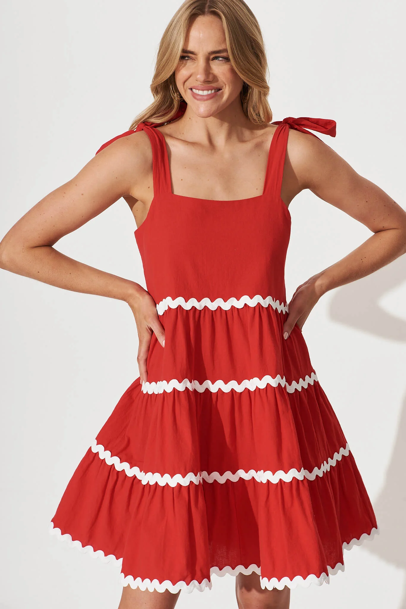 Claus Dress In Red With White Ric Rac Trim Cotton - Image 2