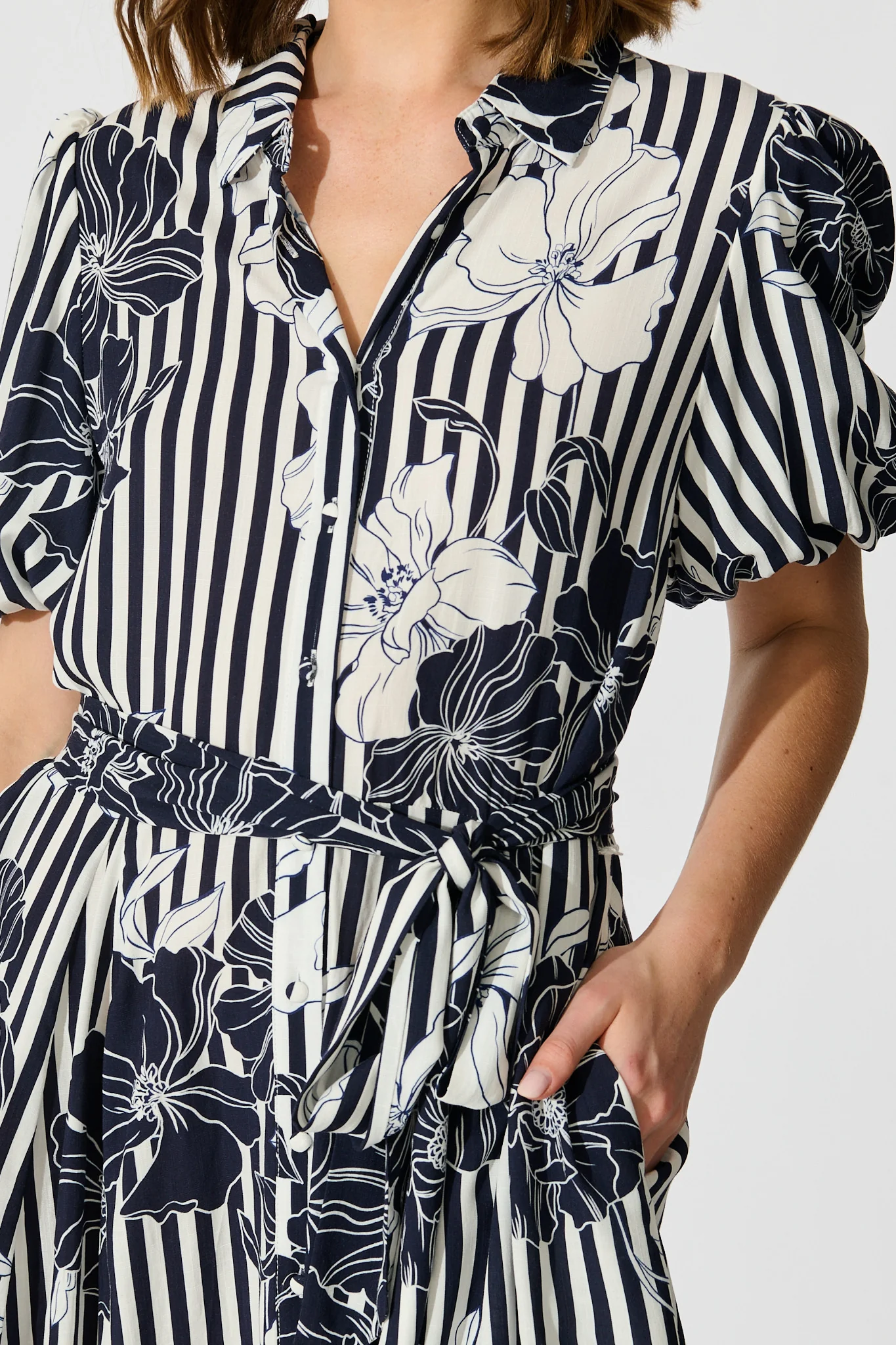 Coastal Charm Shirt Dress in Navy Stripe Floral - Image 10