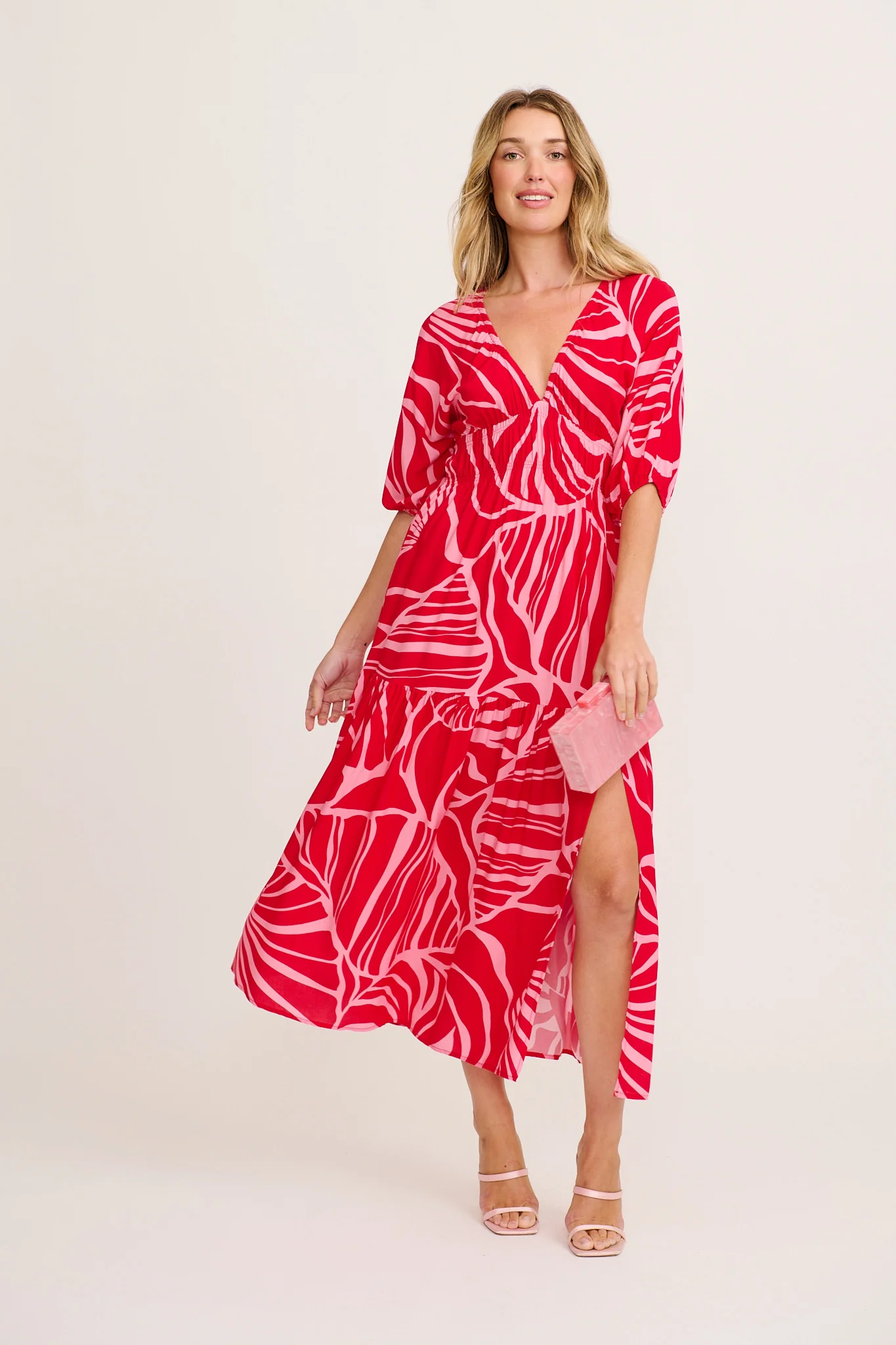 Cobana Maxi Dress in Red with Pink Print - Image 3