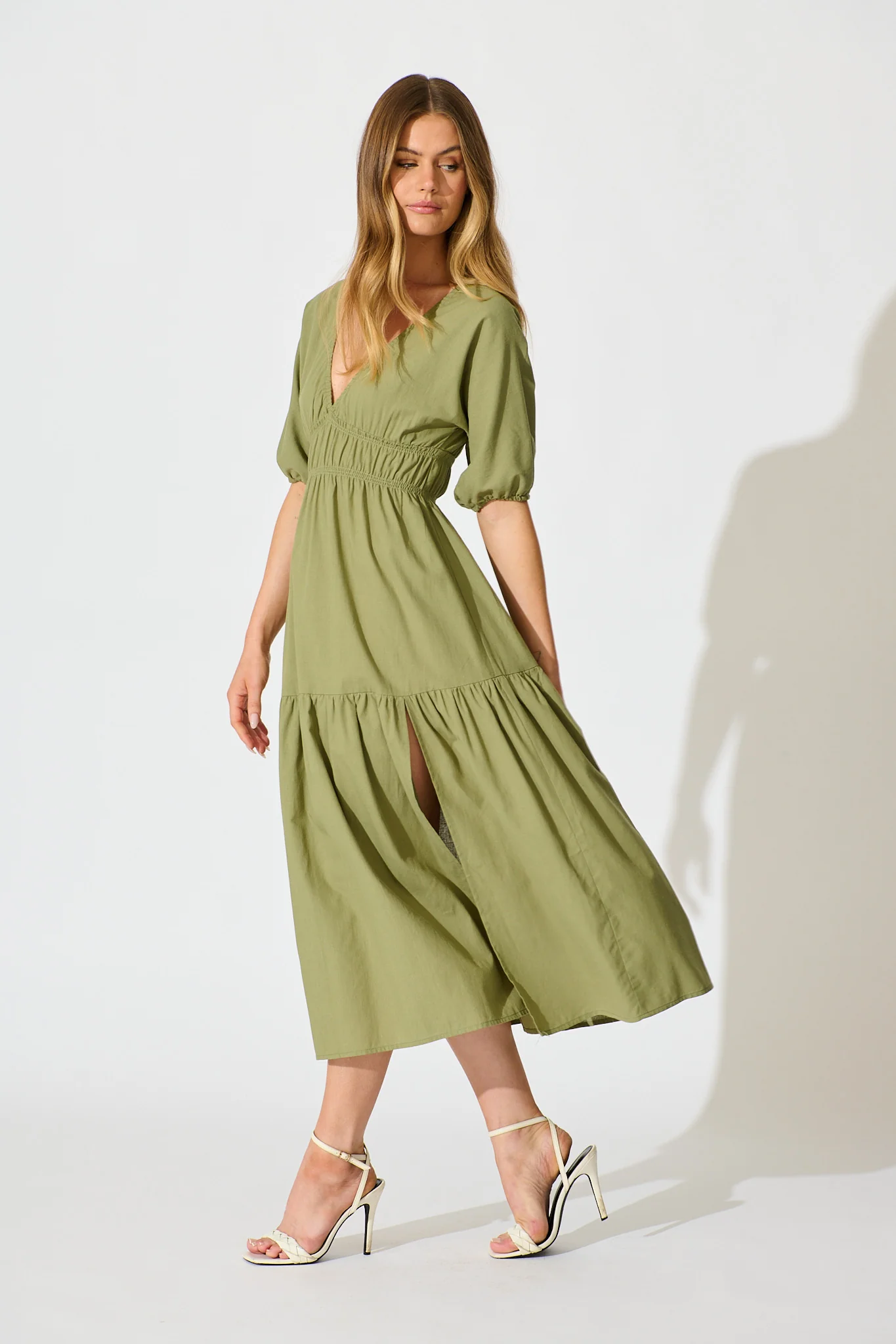Cobana Midi Dress in Sage Cotton Linen - Image 3