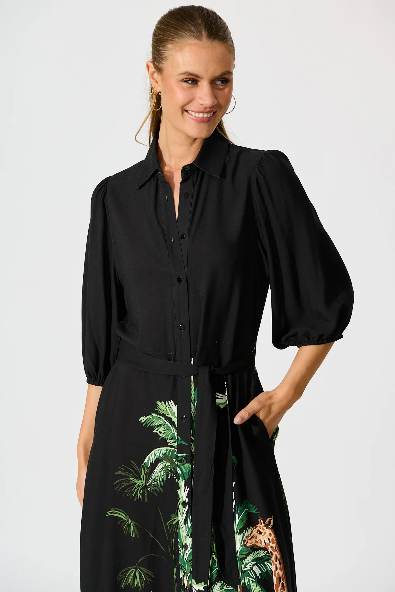 Coco Maxi Shirt Dress in Black Print - Image 2