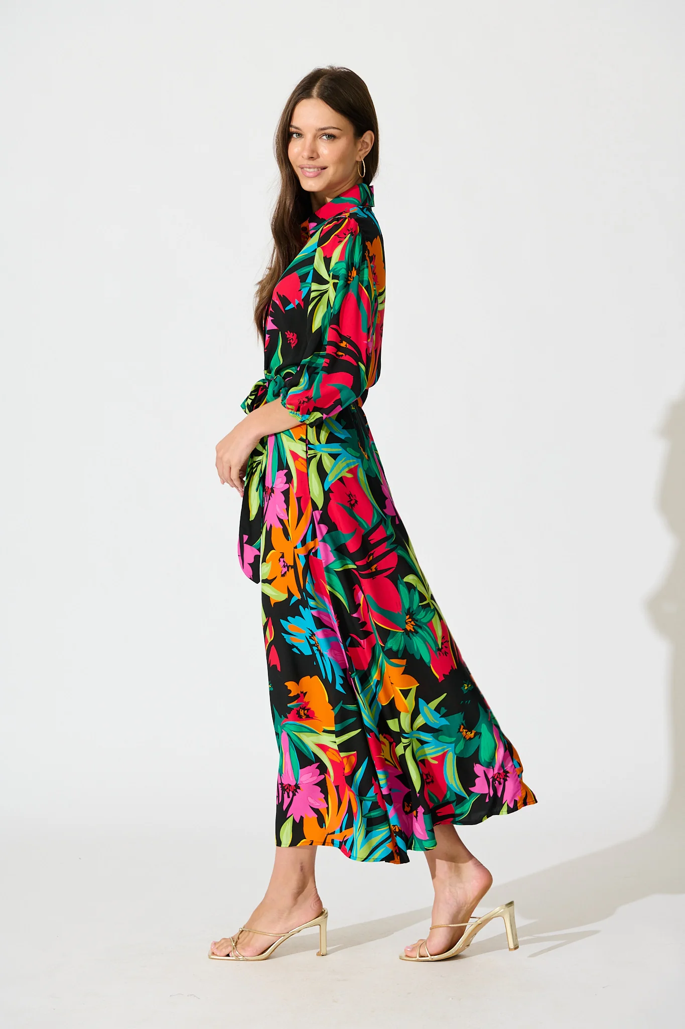 Coco Maxi Shirt Dress In Black Multi Floral - Image 3