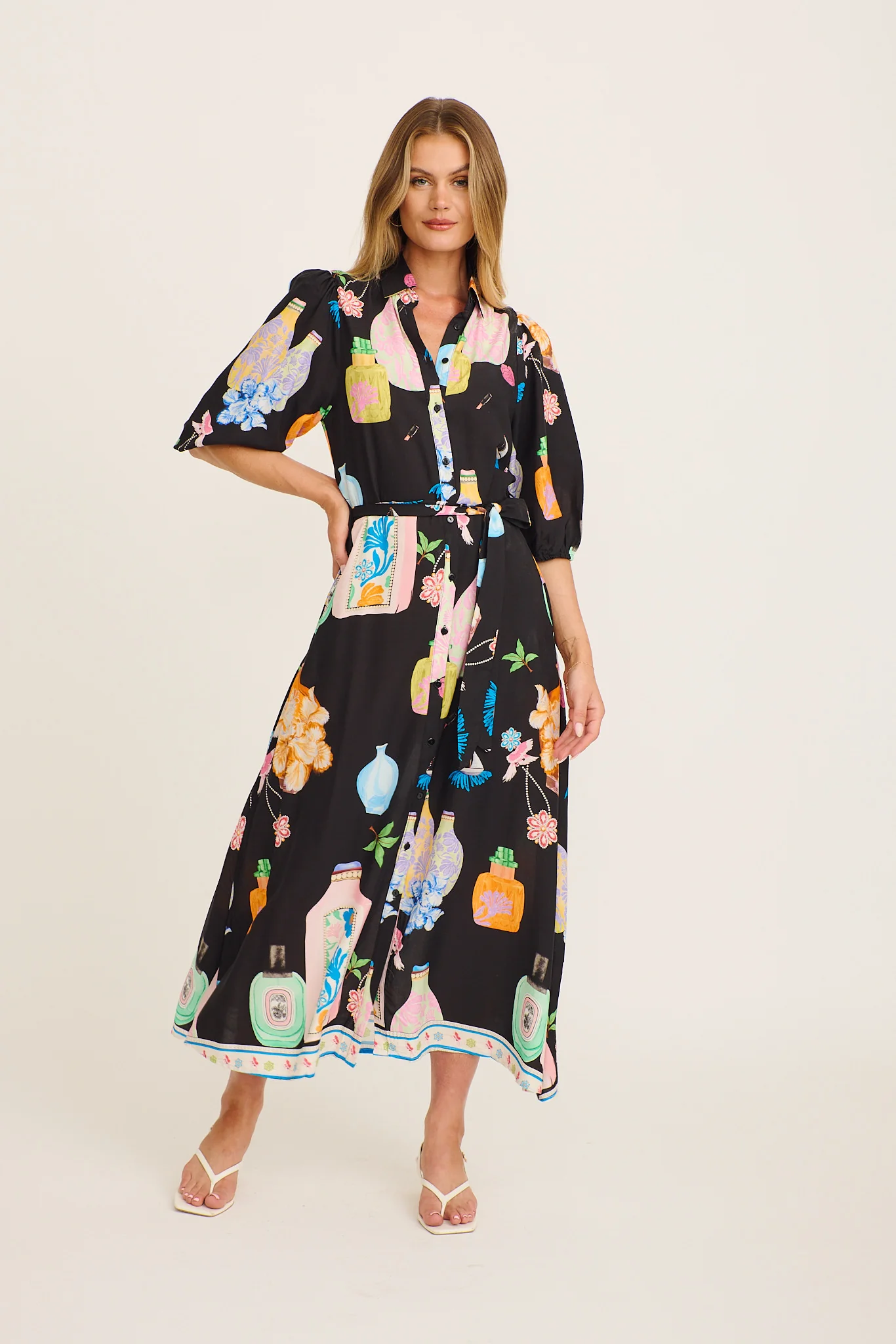 Coco Maxi Shirt Dress in Black Multi Print